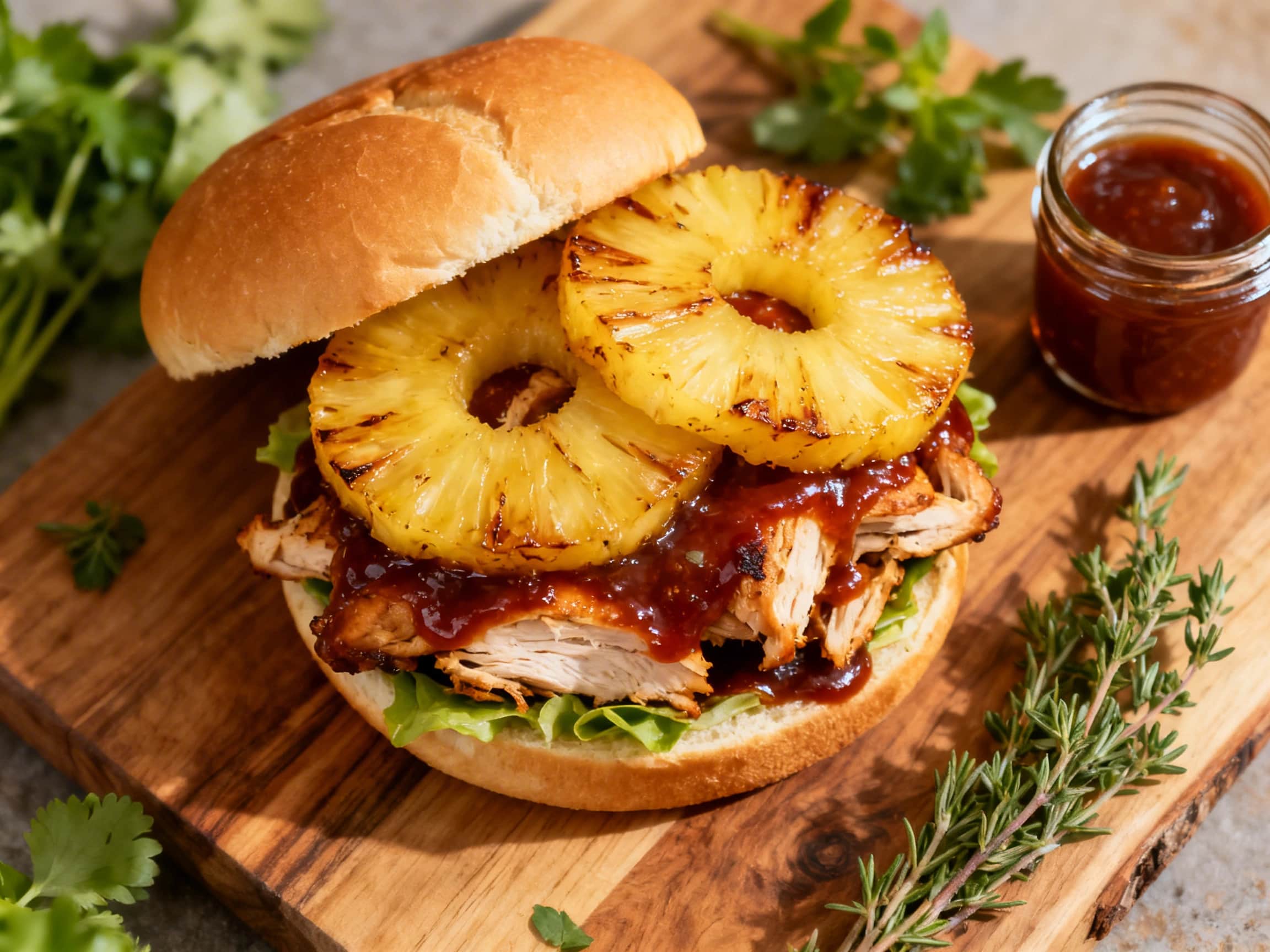 A spectacularly presented BBQ Chicken and Pineapple Sandwich, sliced in half to reveal its enticing layers. Juicy, pulled chicken smothered in rich, dark barbecue sauce forms the base, topped with a golden-brown grilled pineapple ring, translucent red onion slices, and a generous dollop of creamy coleslaw. All components are perfectly nestled within a lightly toasted, golden brioche bun. The sandw