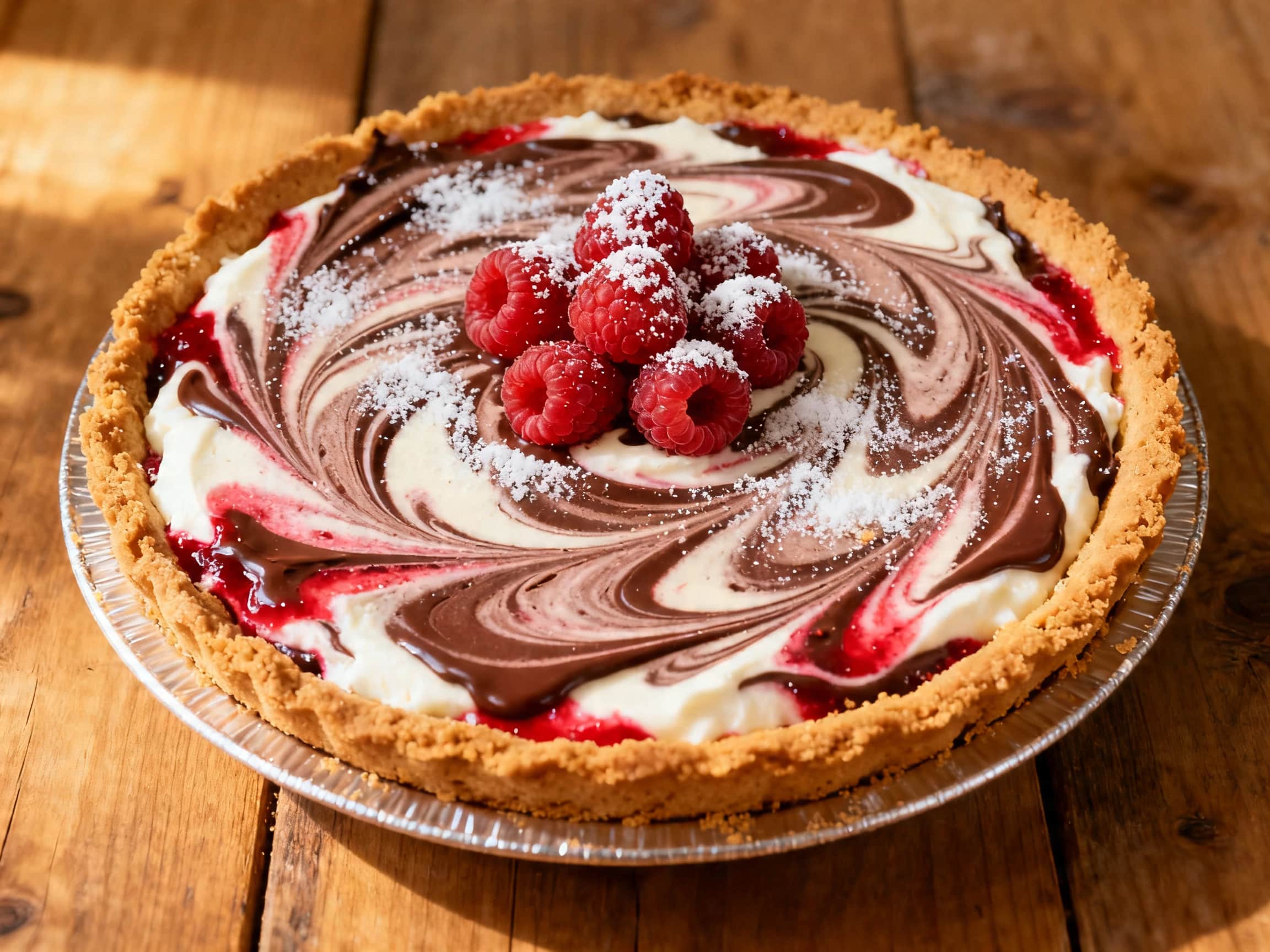 A triangular slice of Chocolate Raspberry Swirl Frozen Yogurt Pie sits on a white ceramic plate. The pie has a golden brown graham cracker crust. The creamy white frozen yogurt filling is visibly swirled with deep reddish-purple raspberry coulis and rich, dark chocolate. The pie looks firm and cold, with a smooth texture from the frozen yogurt and a slight crumbly appearance on the crust. The pres