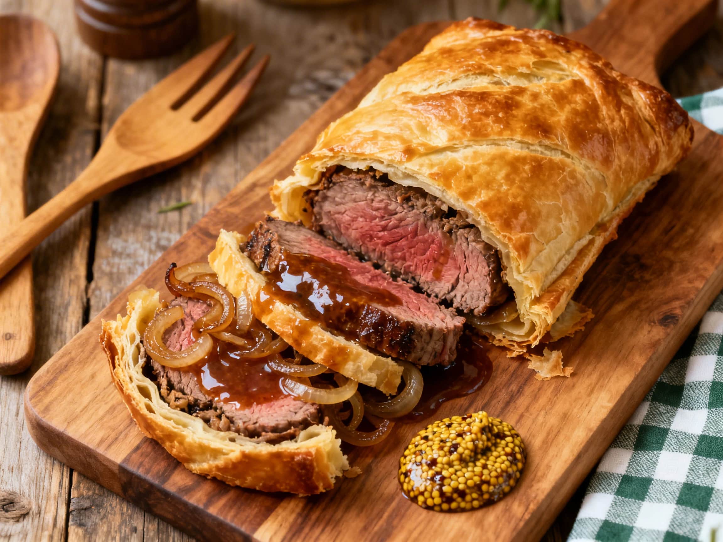 A sophisticated deconstructed Beef Wellington tart, showcasing perfectly seared beef fillet slices resting beside a rich, dark mound of mushroom duxelles. Crispy, golden prosciutto shards are artfully scattered, and a glossy red wine reduction is drizzled over the components, all presented on a flaky, individual puff pastry base on a white plate. The dish emanates elegance and gourmet appeal, perf