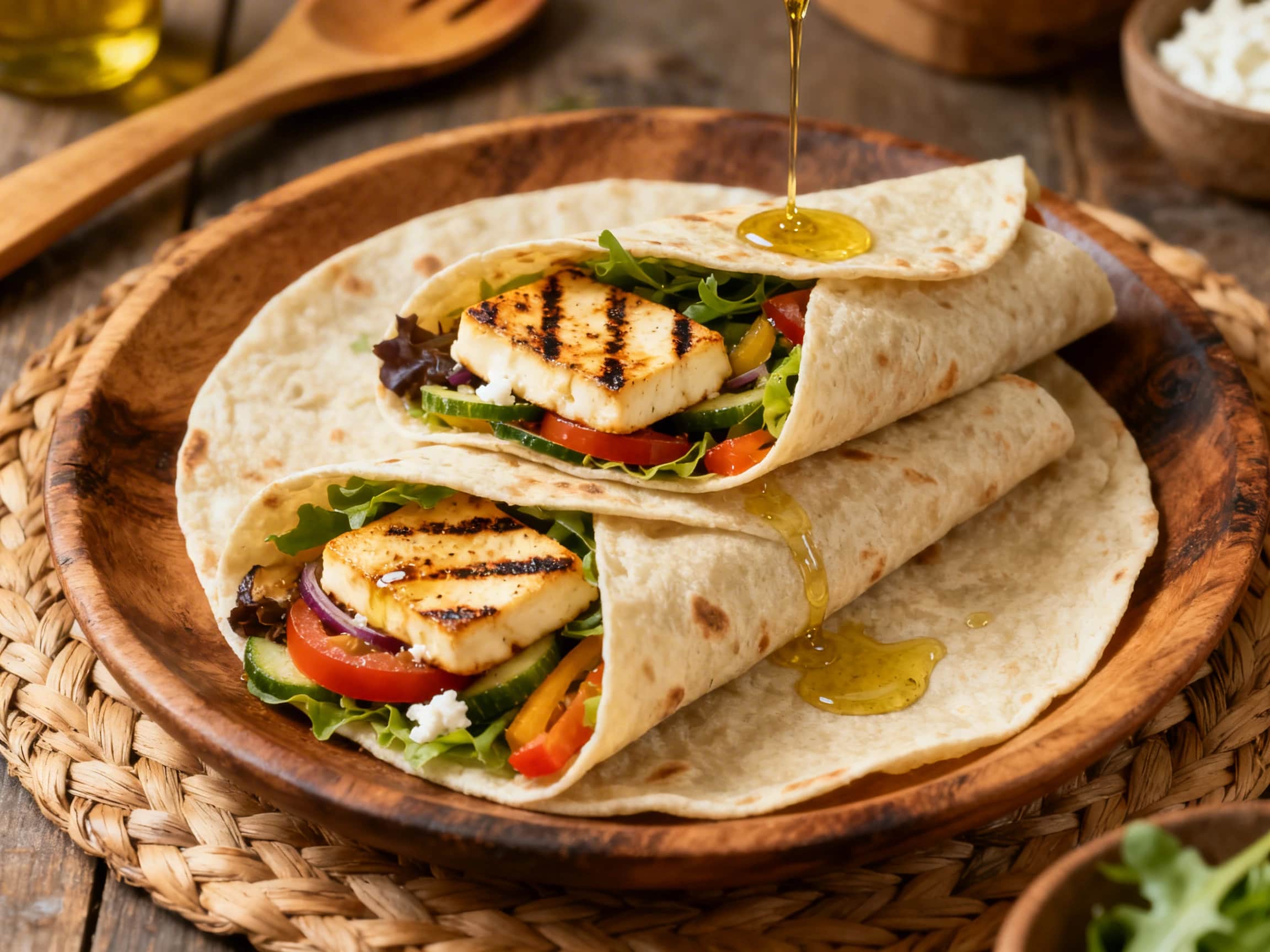An inviting open Mediterranean Halloumi and Veggie Wrap, showcasing perfectly grilled halloumi cheese and a vibrant medley of roasted bell peppers, zucchini, and red onion tossed in a zesty lemon-herb vinaigrette. A visible dollop of creamy tzatziki adds a refreshing touch. The wrap is gently resting on a rustic wooden board, with some of its rich, colorful fillings peeking out, evoking a sense of