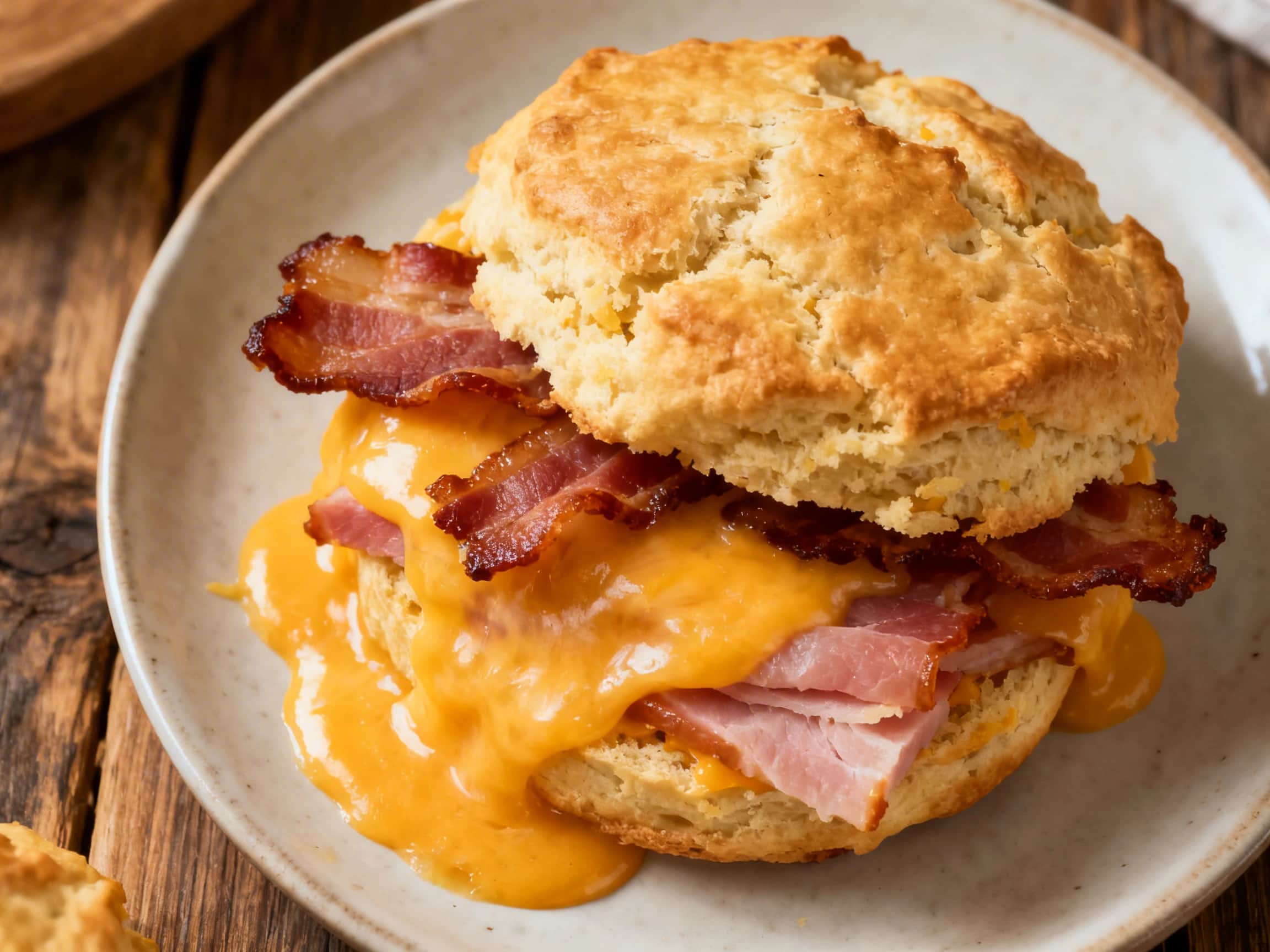 An inviting display of freshly baked savory biscuits on a rustic wooden board. The golden-brown biscuits are generously filled with visible pieces of crispy bacon, diced ham, and melted sharp cheddar cheese, with one biscuit gently pulled apart to show its fluffy, steamy interior. The warm lighting and natural setting evoke a comforting, homemade breakfast or brunch scene.