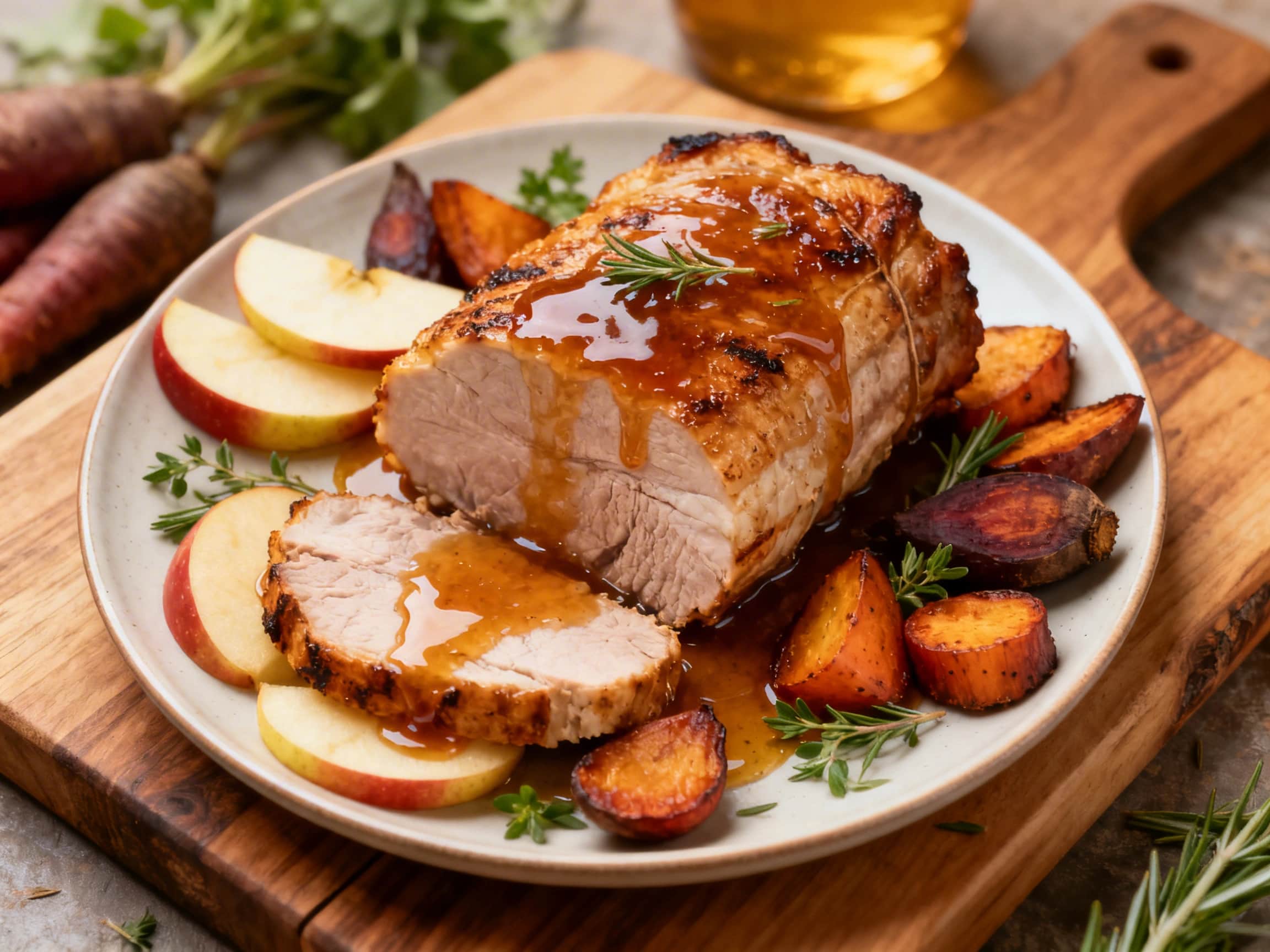 Slices of perfectly cooked sous vide pork loin, adorned with a shining apple cider glaze, are fanned out on a dark wooden board. Fresh rosemary sprigs and roasted apples garnish the platter, creating an inviting and elegant presentation that highlights the tender, juicy meat and its golden-brown crust.