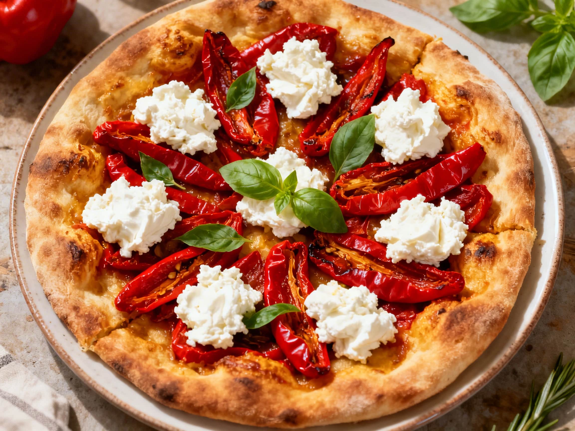 A delicious Greek pizza featuring a crispy crust loaded with creamy whipped feta, bright red roasted peppers, dark Kalamata olives, and tender spinach. A glossy drizzle of balsamic glaze finishes the dish, which rests on a rustic wooden board, ready to be served. The toppings are artfully arranged, showcasing the Mediterranean-inspired colors and textures.