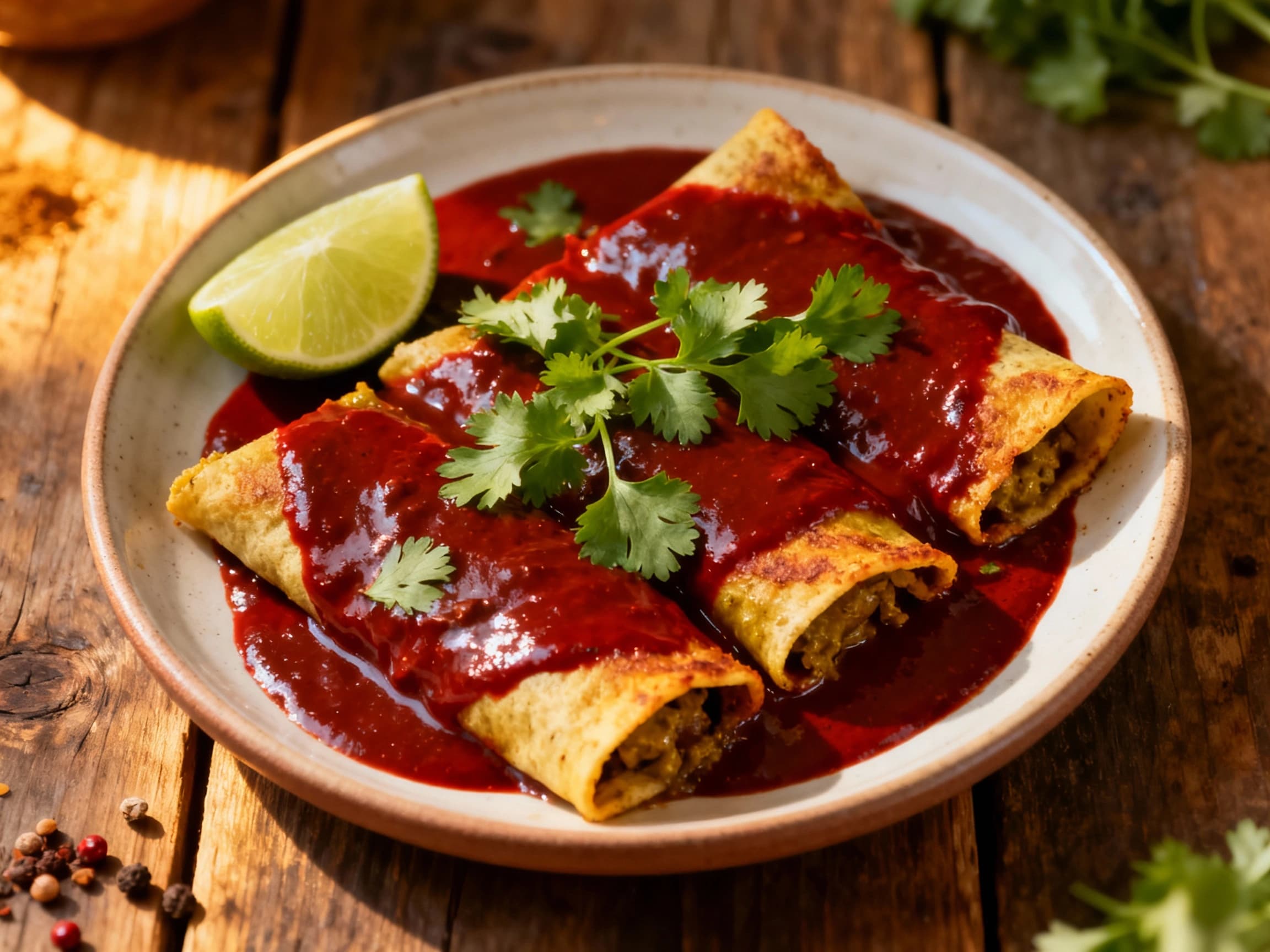 Warm enchiladas, generously coated in rich, dark mole poblano sauce, are neatly arranged in a skillet and topped with crumbled cotija cheese and fresh cilantro.