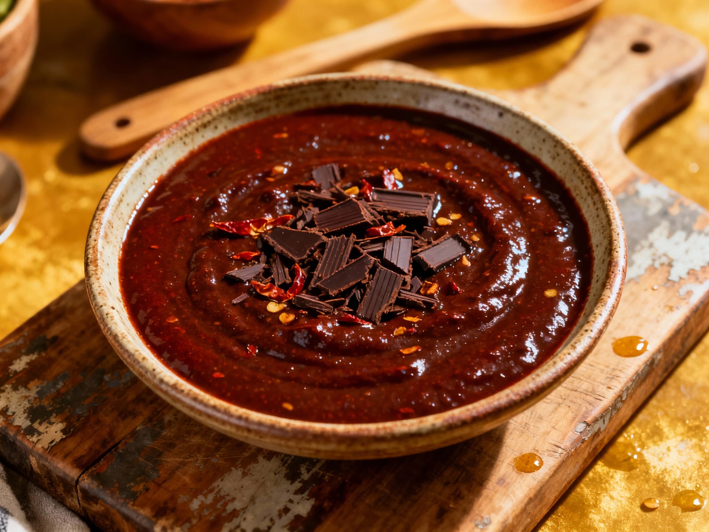 A rich, dark brown mole poblano sauce simmers in a rustic clay pot, ready to be seasoned into a complex Mexican delicacy.