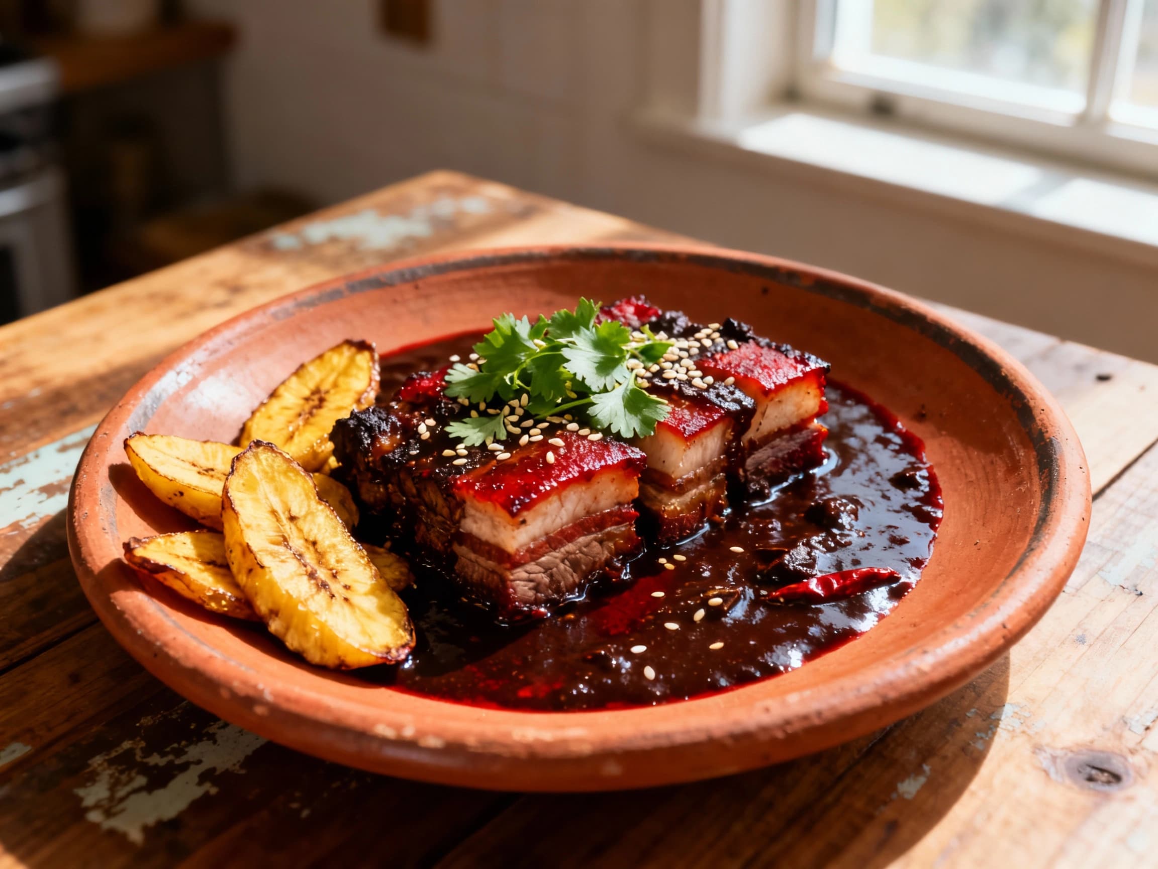 Tender, braised pork belly glistens under a rich, dark mole poblano sauce, garnished with fresh cilantro and sesame seeds, presented on a rustic plate.