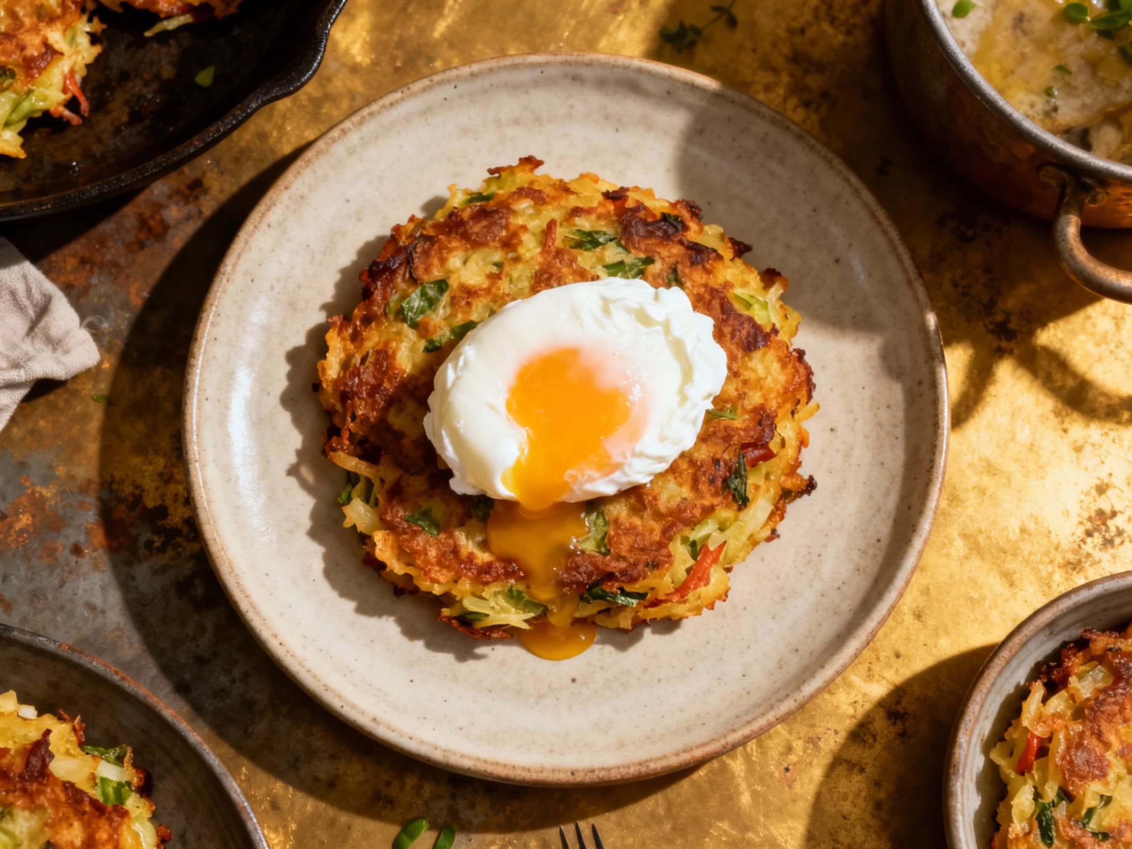 Golden-brown bubble and squeak patties are topped with a perfectly poached egg, its bright yellow yolk glistening under soft lighting, creating a comforting and inviting breakfast dish.