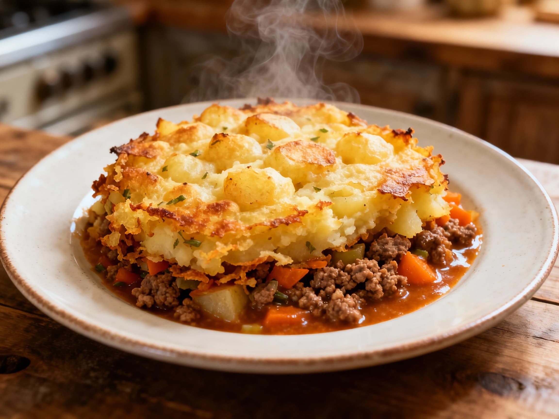 A golden-brown shepherd's pie with a fluffy mashed potato topping, adorned with fresh parsley, is served hot in a cast iron skillet, promising a hearty and comforting meal.