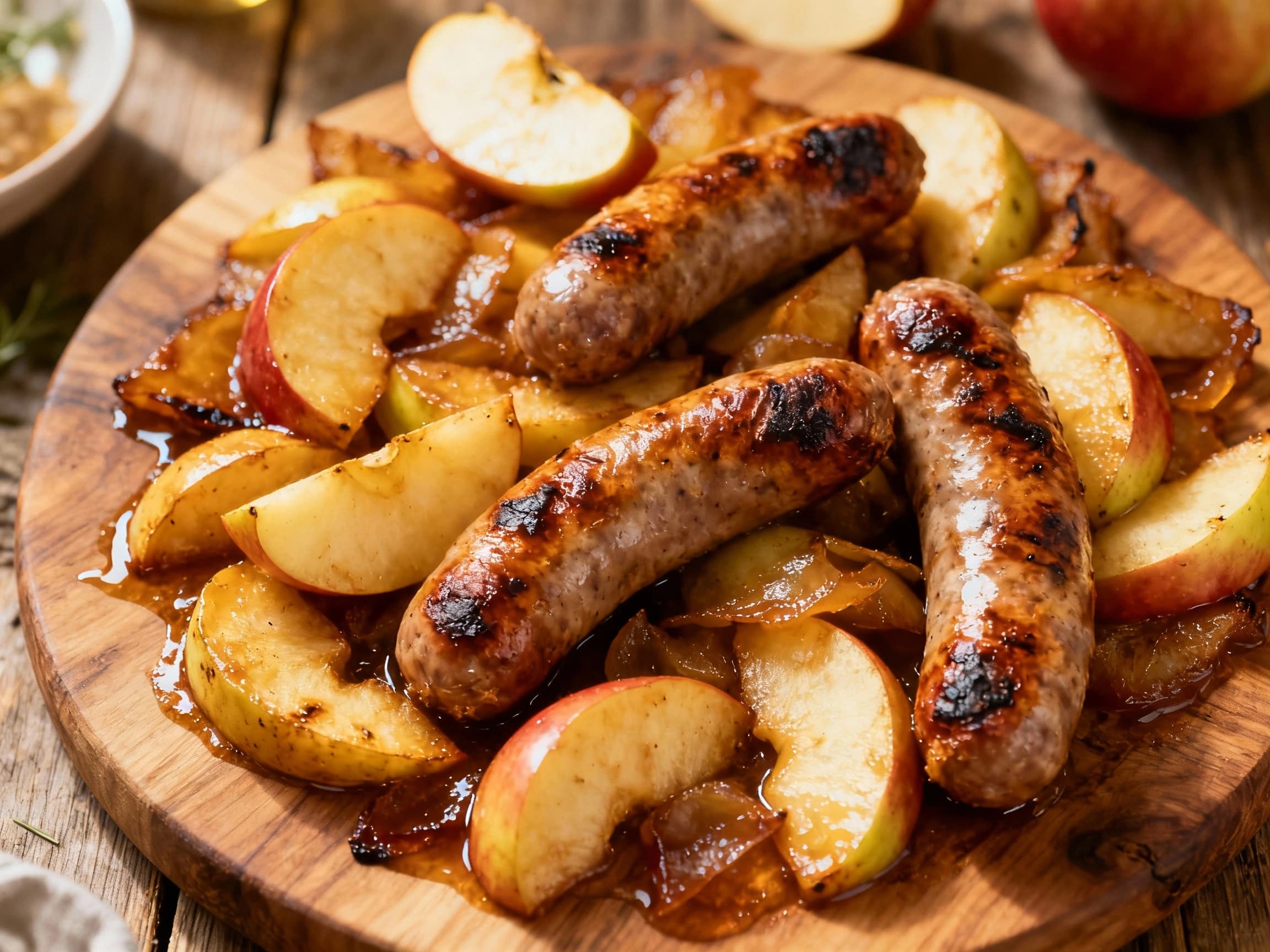 Hearty bratwurst sausages and crisp apple slices roast together on a sheet pan, glistening under warm light and sprinkled with fresh herbs for a rustic, delicious meal.