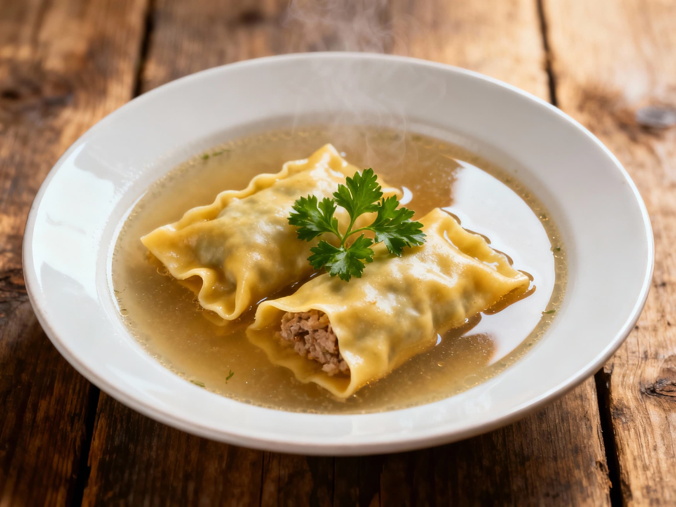 A steaming bowl of Maultaschen in clear broth, with translucent pasta pockets filled with savory goodness, garnished with fresh parsley.