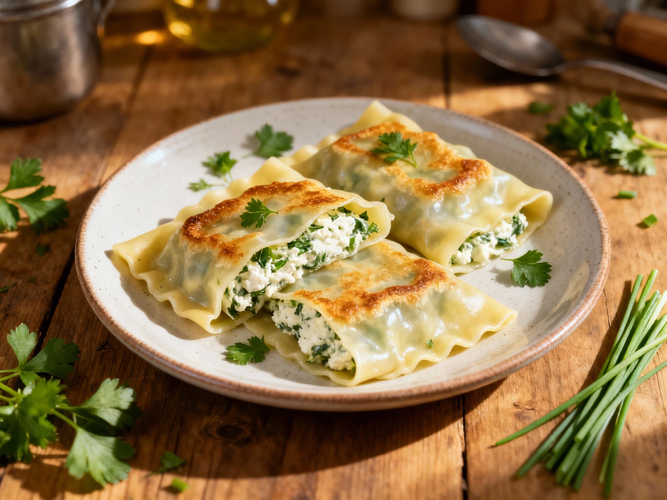 Plump vegetarian Maultaschen, bursting with a creamy herb and ricotta filling, are artfully arranged on a white plate, showered with fresh herbs and glistening in warm, inviting light.