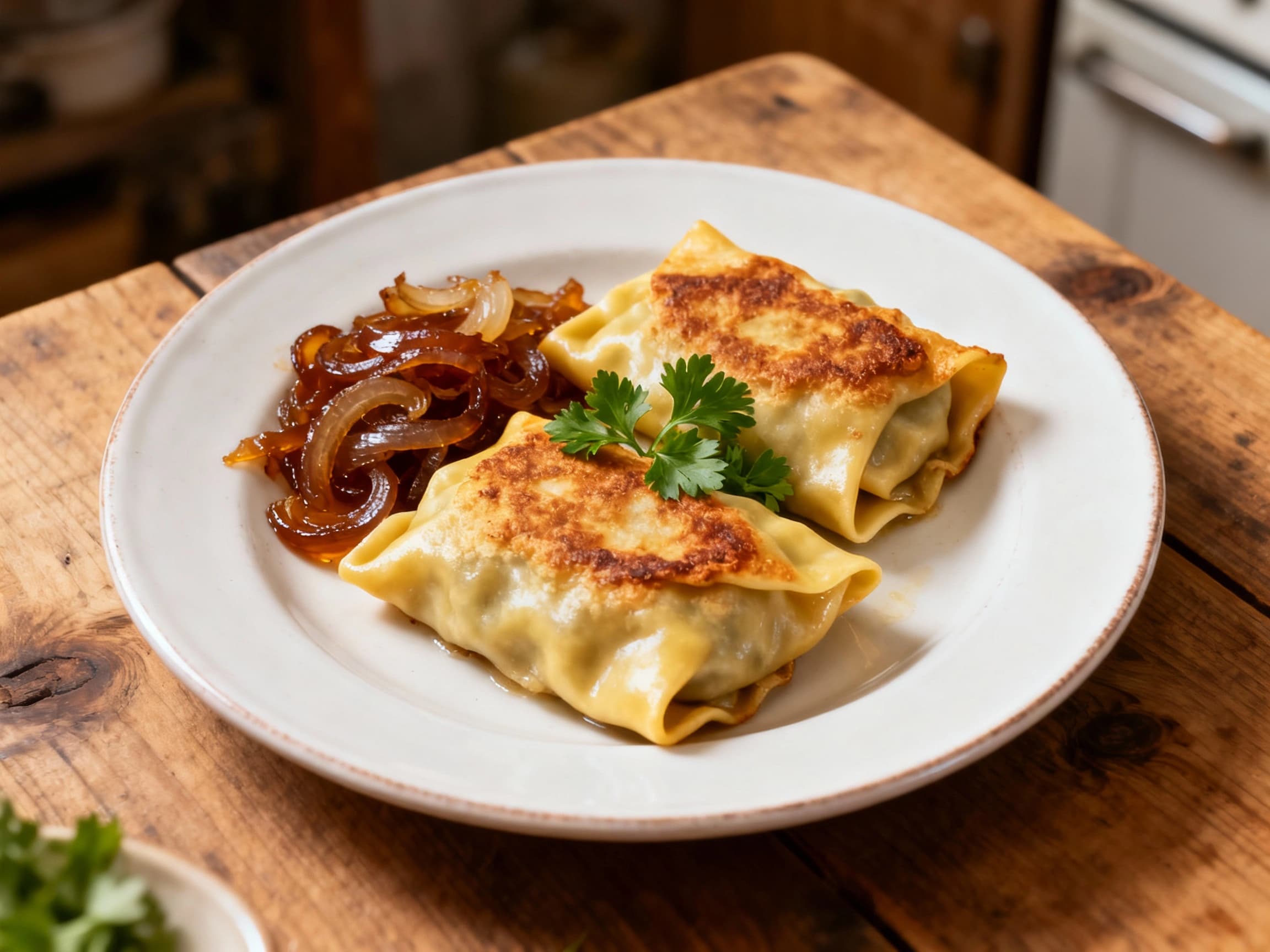 Golden-brown, pan-fried Maultaschen, a German pasta dumpling, are beautifully arranged in a rustic bowl, generously topped with sweet, deeply caramelized onions and fresh parsley.