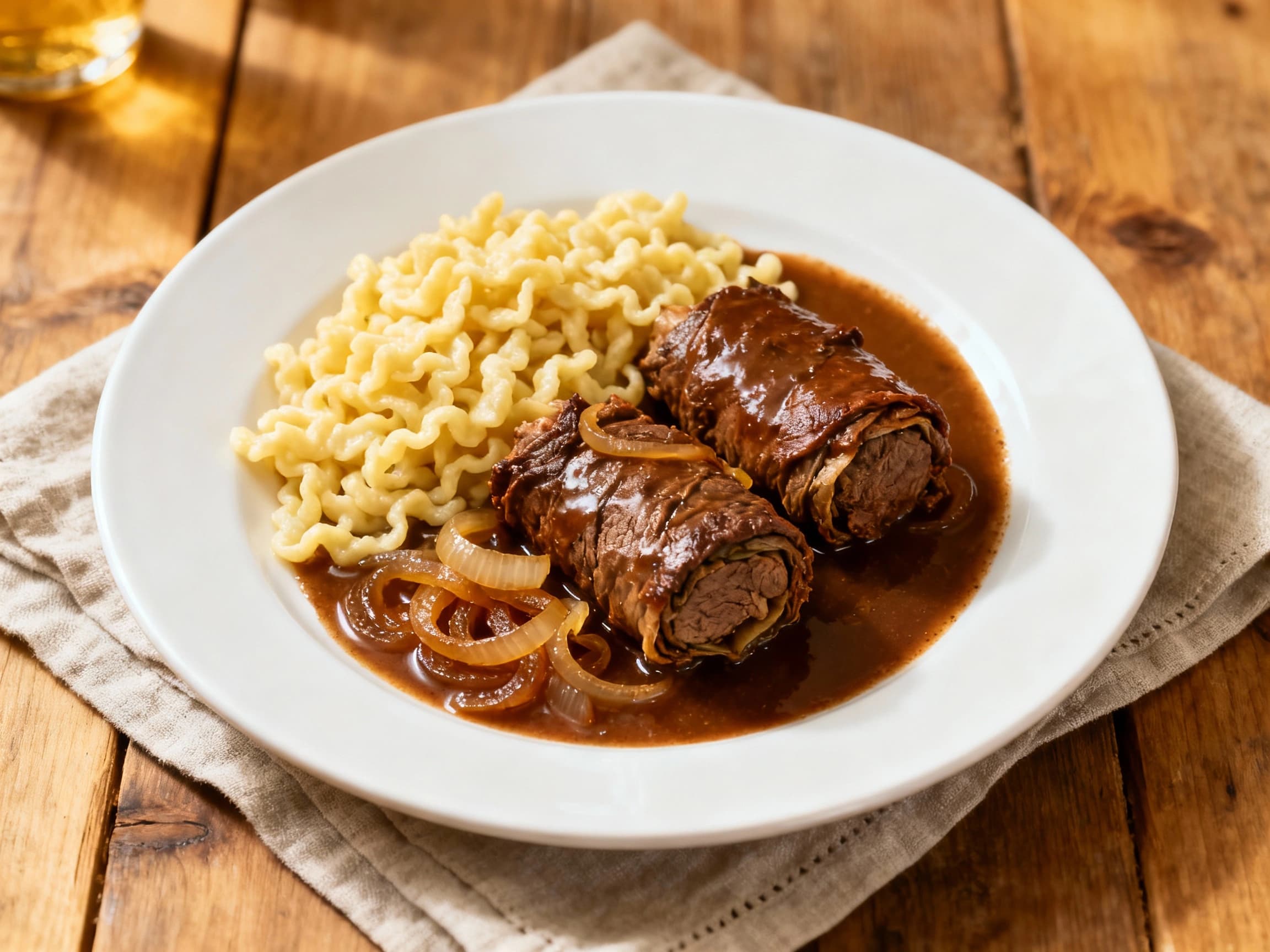 Tender sauerbraten rouladen is presented as a hearty German dish, sliced to reveal a savory stuffing, served atop a bed of rich gravy alongside soft potato dumplings and a vibrant garnish of fresh parsley.