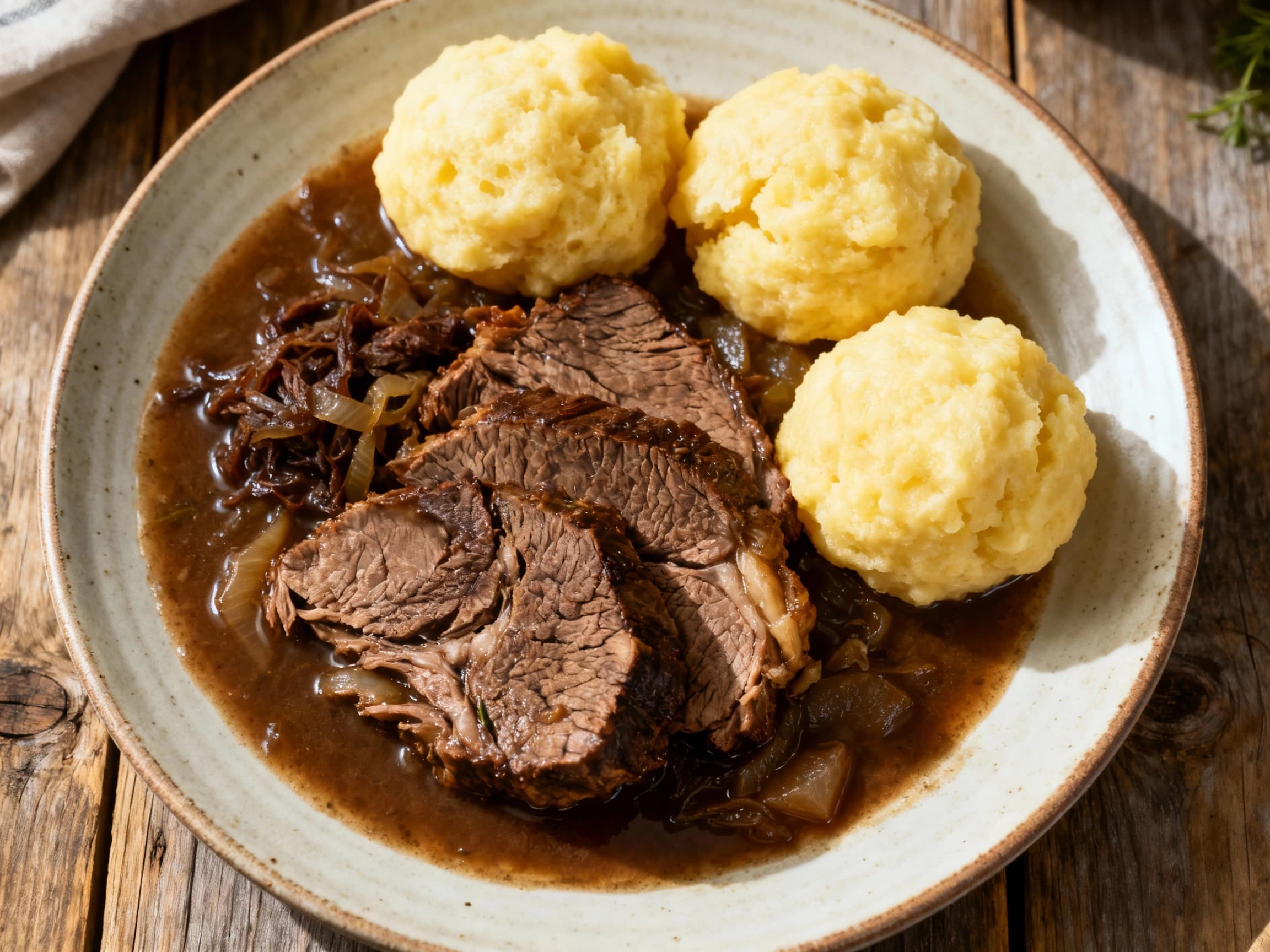 Tender, shredded sauerbraten simmers in a rich, glossy brown gravy next to fluffy, golden-brown potato dumplings, ready to be scooped onto a plate.