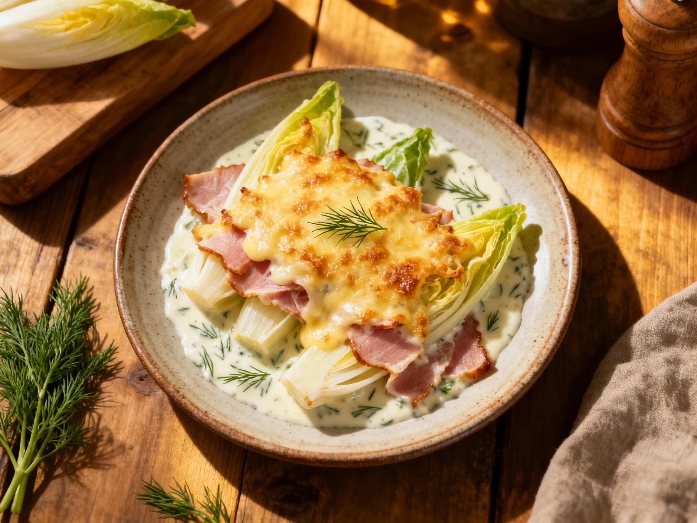 A golden-brown gratinated dish features tender endive spears wrapped in ham, topped with melty cheese and a sprinkle of fresh dill, all glistening under warm light.