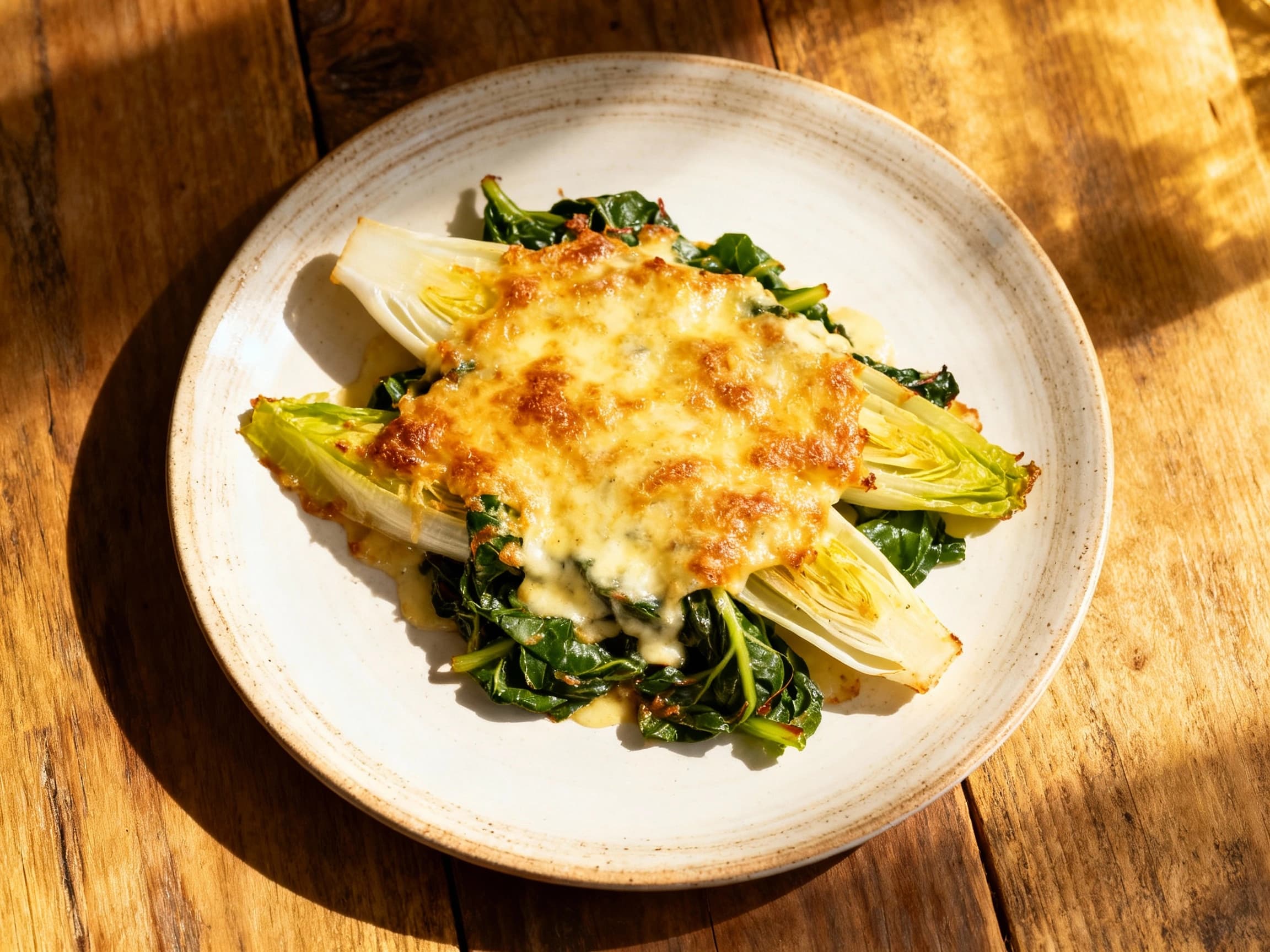 A golden-brown gratin of tender endive and Swiss chard, baked in a creamy sauce and topped with melted cheese, is served steaming hot in a rustic earthenware dish.