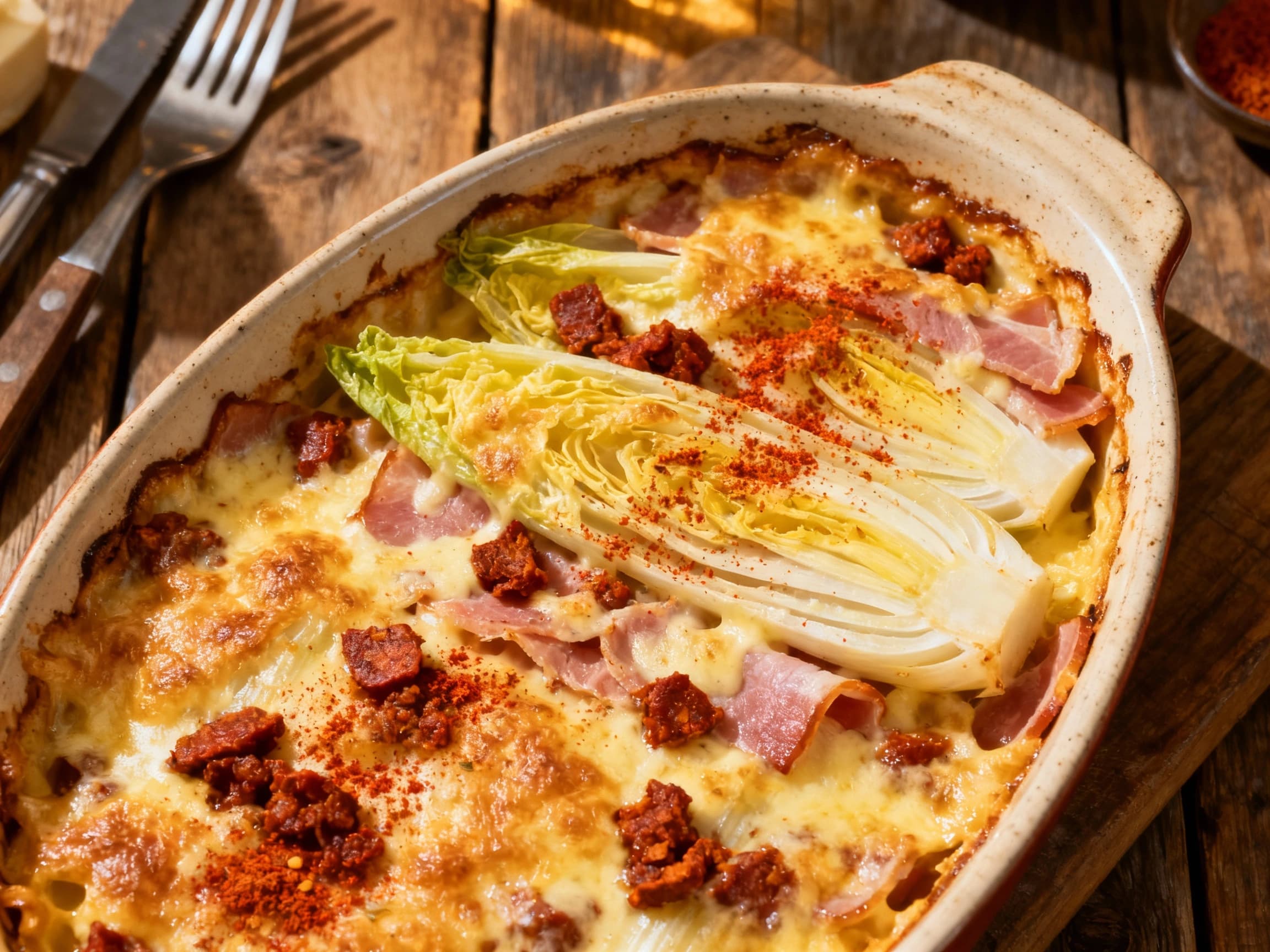 A golden-brown gratin dish filled with tender endive and savory ham, topped with crispy chorizo, sprinkled with vibrant paprika, and bubbling under warm, inviting light.