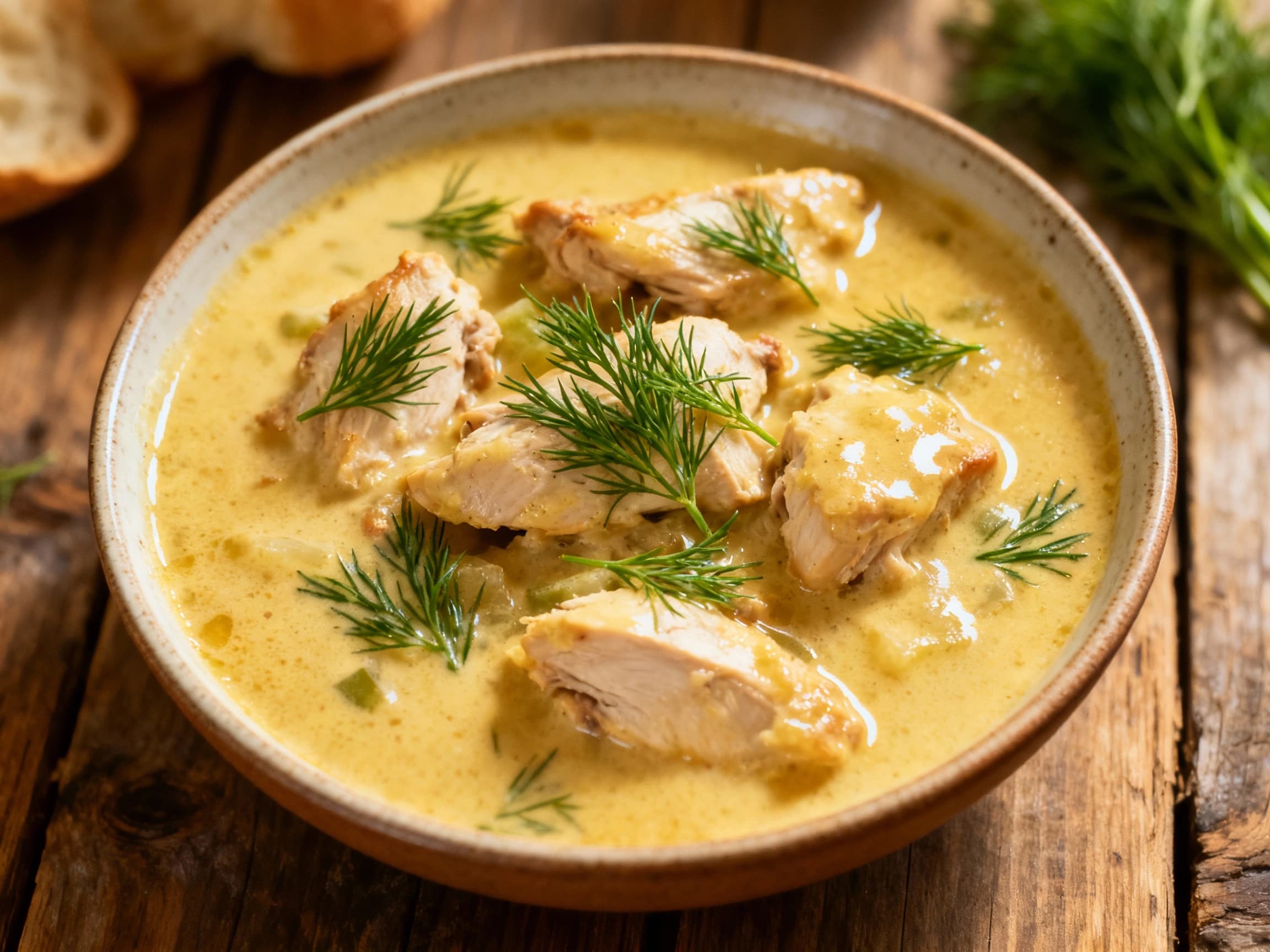 A comforting stew of tender chicken and vegetables simmers in a rich, creamy broth, generously garnished with vibrant fresh dill and ready to be enjoyed.