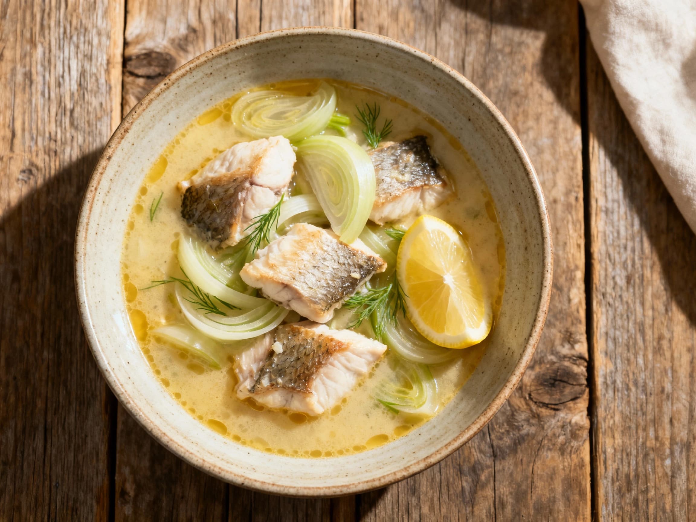 A comforting fish stew, Waterzooi, is served in a shallow white bowl, showcasing tender white fish, vibrant fennel, and a scattering of fresh green herbs.