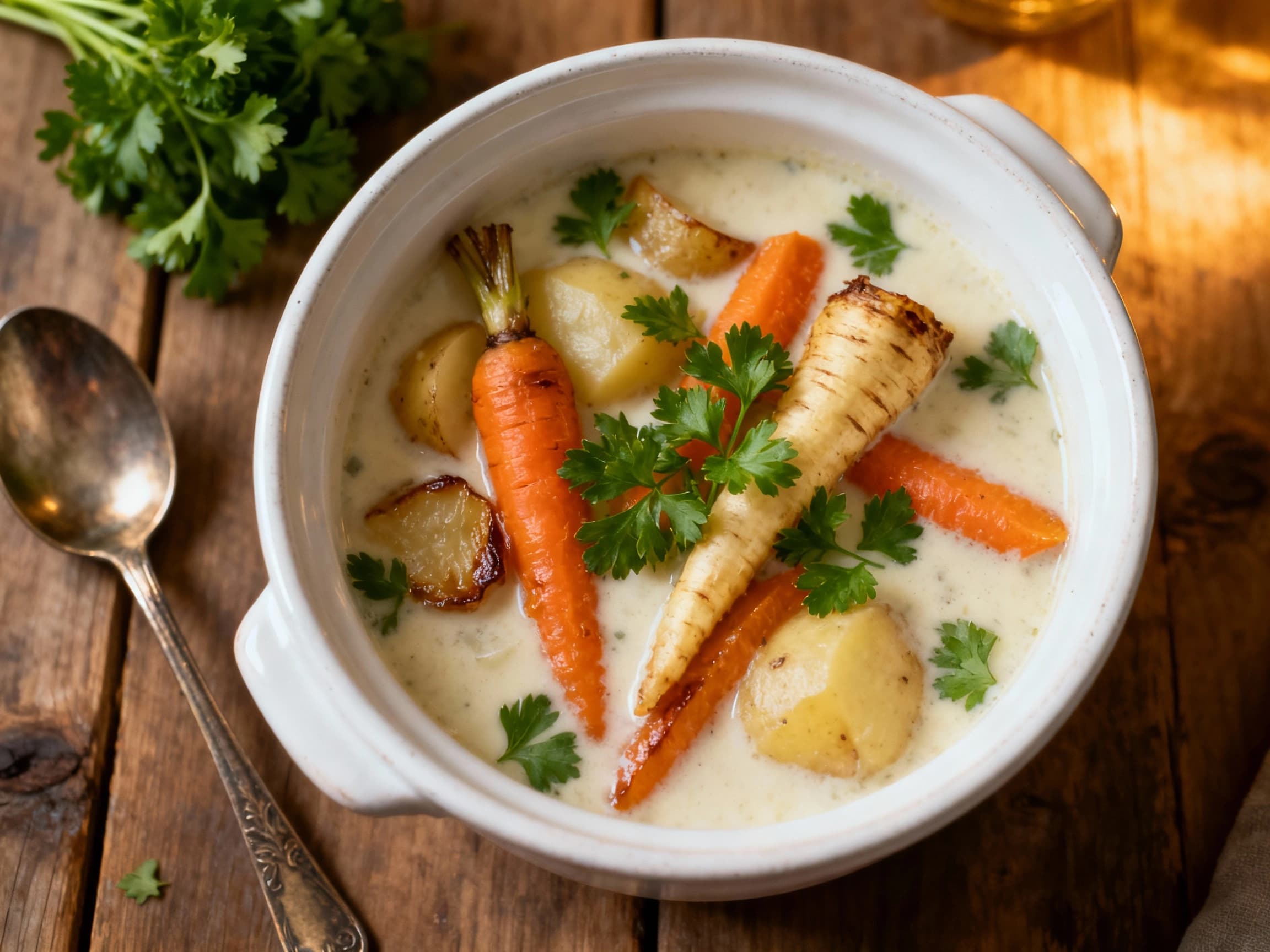 A comforting vegan "Waterzooi" features tender root vegetables like carrots and potatoes simmered in a creamy, herbaceous broth, garnished with fresh green parsley.