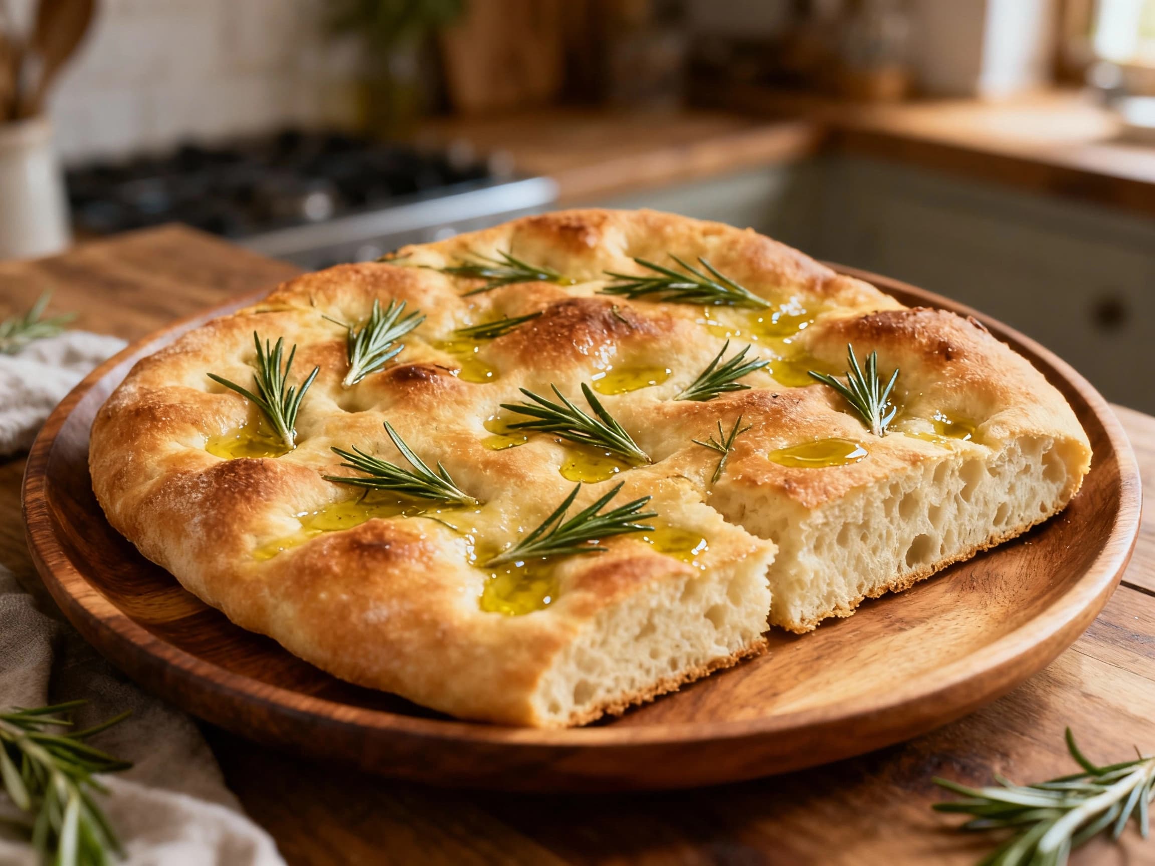 Golden brown focaccia bread, dimpled and drizzled with olive oil, is garnished with fresh rosemary sprigs and baked to a crisp perfection.