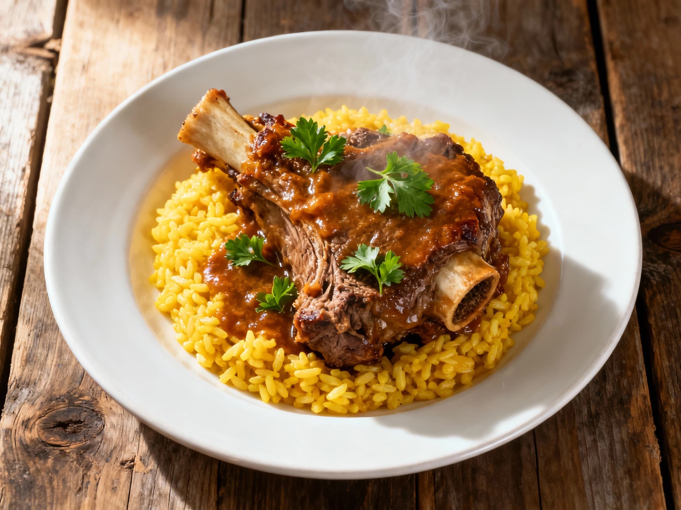 Tender, braised veal shanks are generously seasoned and simmered in a rich, savory broth, ready to be served over creamy saffron risotto for a comforting classic Italian meal.