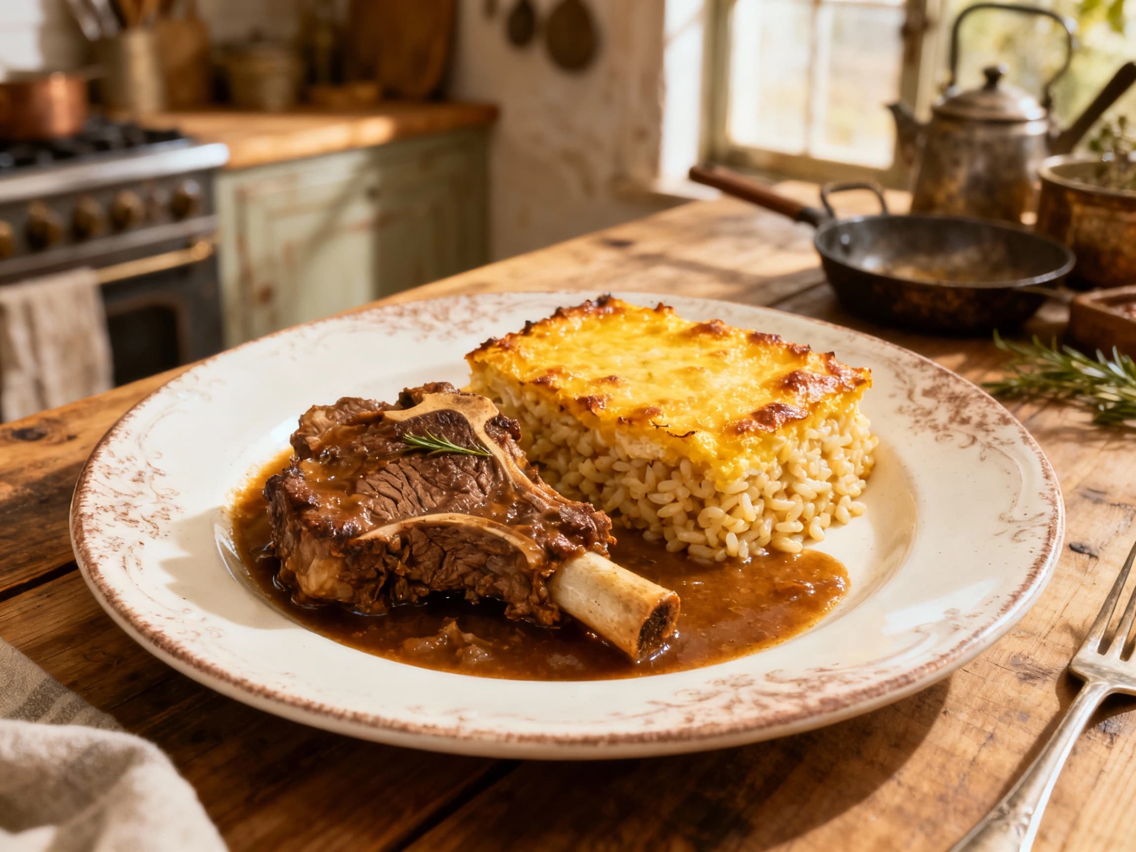 Tender, braised osso buco with a creamy saffron risotto are baked in a rustic dish, topped with fresh gremolata and a sprinkle of Parmesan, ready to be enjoyed.
