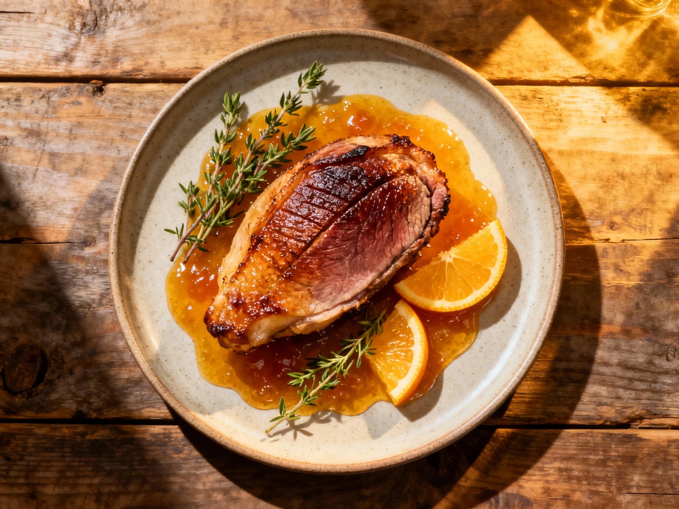 A glistening pan-seared duck breast, scored and perfectly golden brown, rests elegantly on a white plate, drizzled with a glossy orange gastrique and garnished with fresh thyme sprigs.