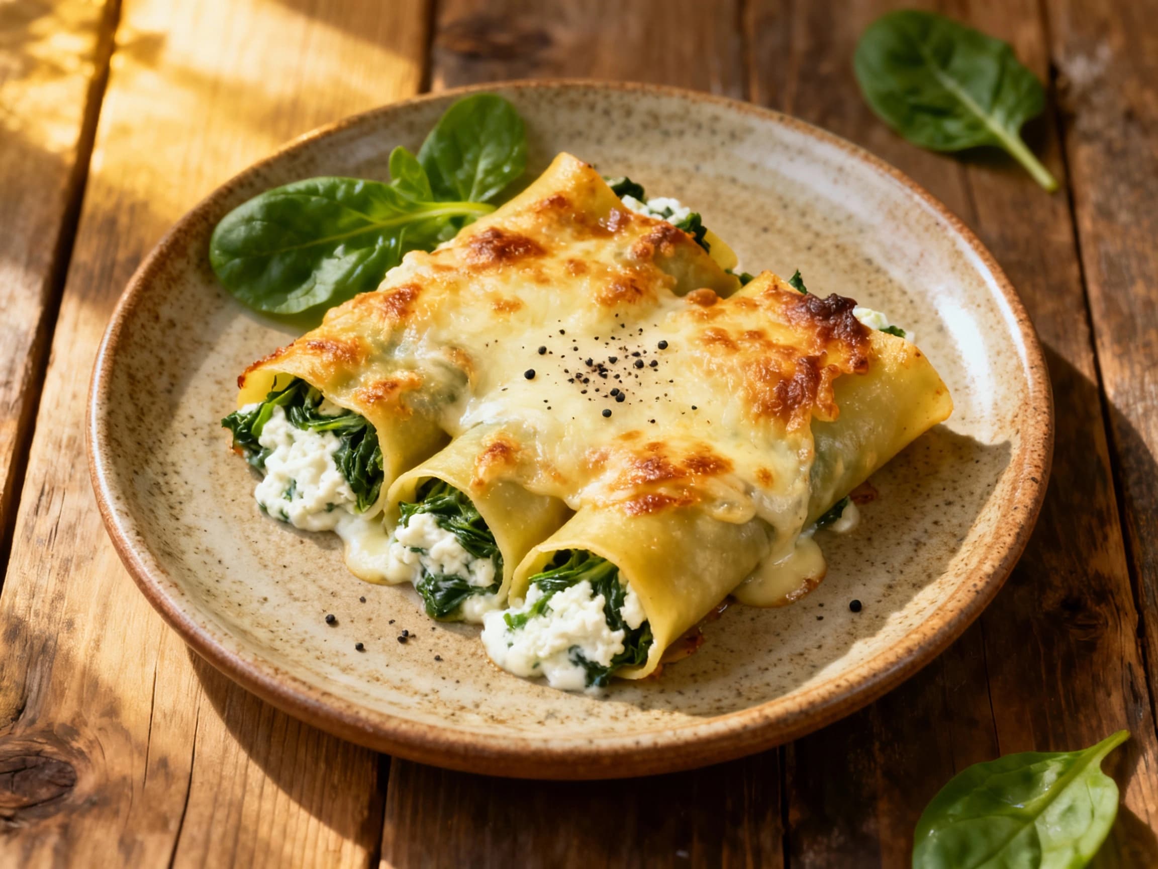 Golden brown baked cannelloni tubes overflow with a creamy spinach and ricotta filling, topped with a rich tomato sauce and a sprinkle of fresh basil leaves.