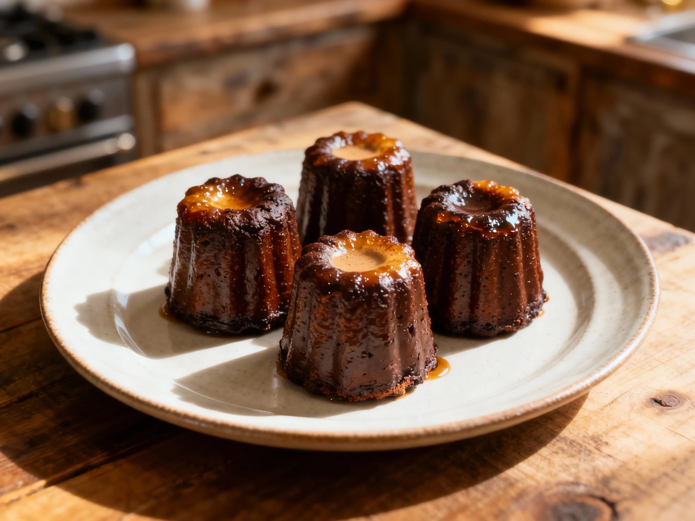 Deep brown, caramelized cannelés with a glossy exterior sit clustered on a dark slate platter, dusted lightly with powdered sugar.