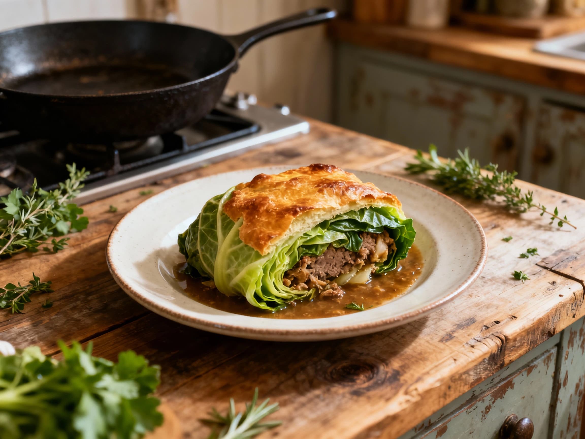 A rustic, golden-brown baked cabbage roulade, glistening with herbs and juices, rests invitingly on a platter, ready for serving.
