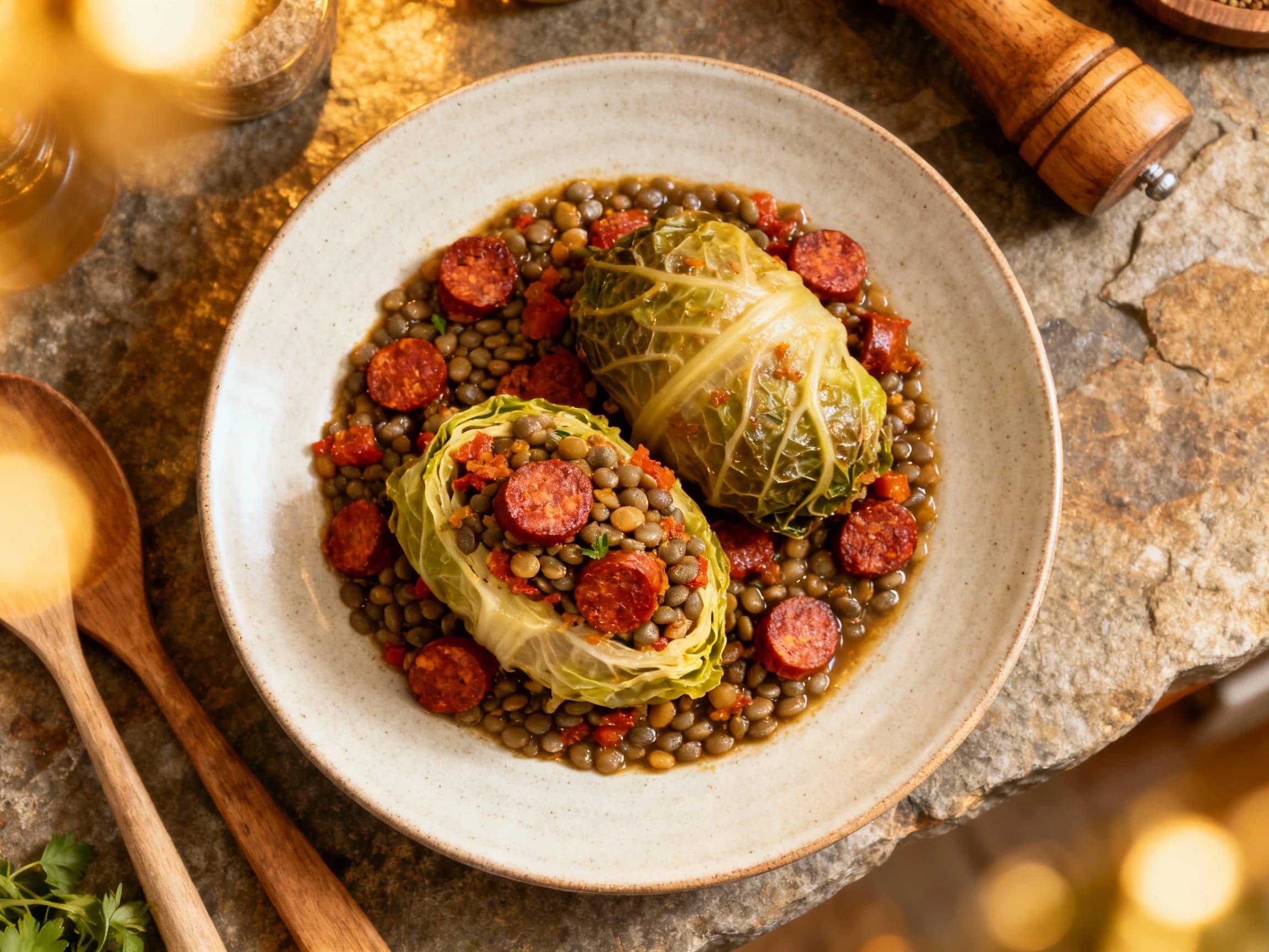 A savory, golden-brown baked cabbage stuffed with a hearty mixture of spicy chorizo and earthy lentils, served family-style.
