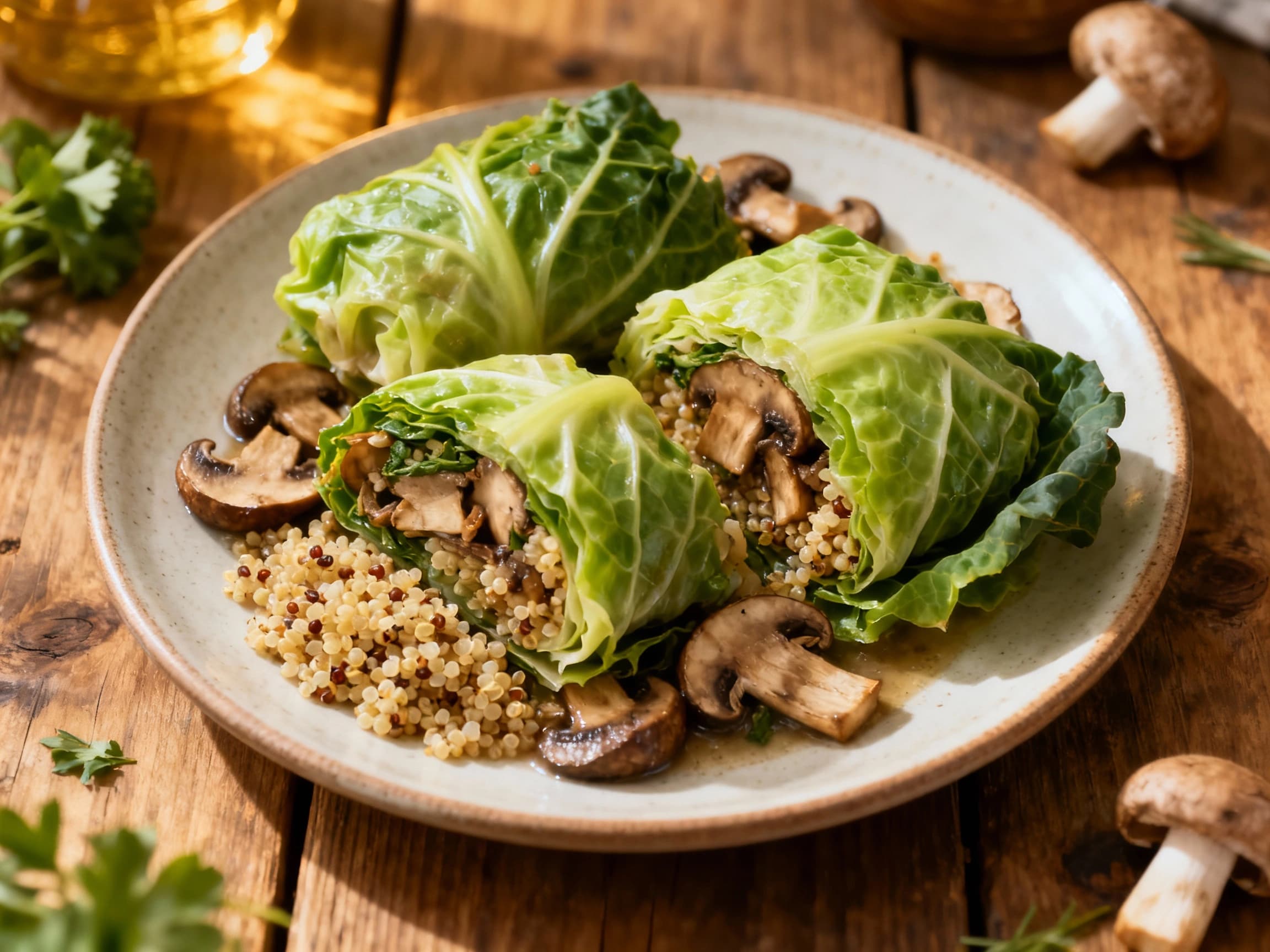 A beautifully plated vegetarian chou farci, with tender cabbage leaves cradling a savory mushroom and quinoa filling, garnished with fresh herbs.