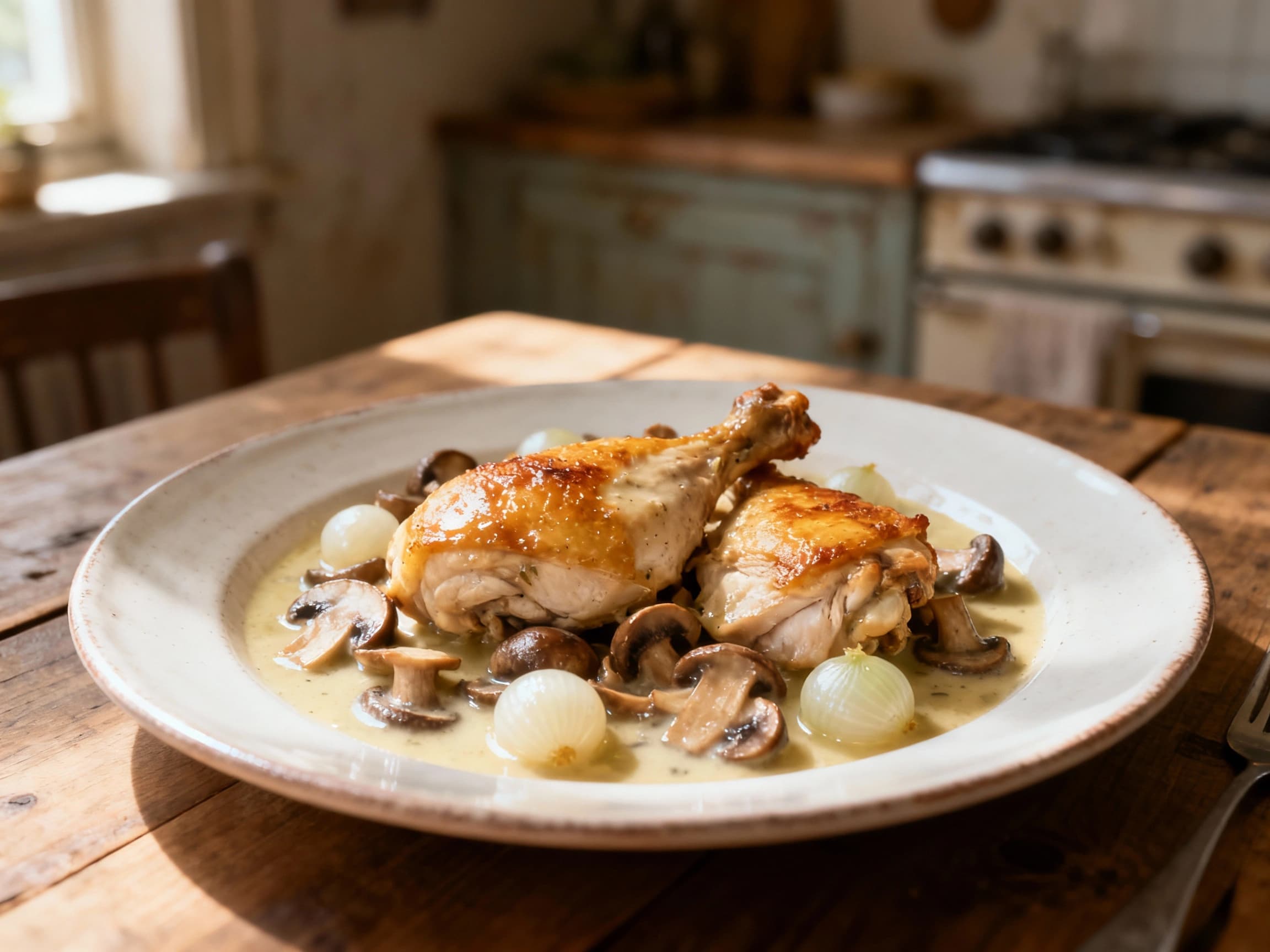 A rustic French chicken dish, Chicken au Vin Blanc, is plated elegantly with a rich, creamy sauce, tender chicken pieces, pearl onions, and earthy mushrooms, garnished with fresh parsley sprigs.
