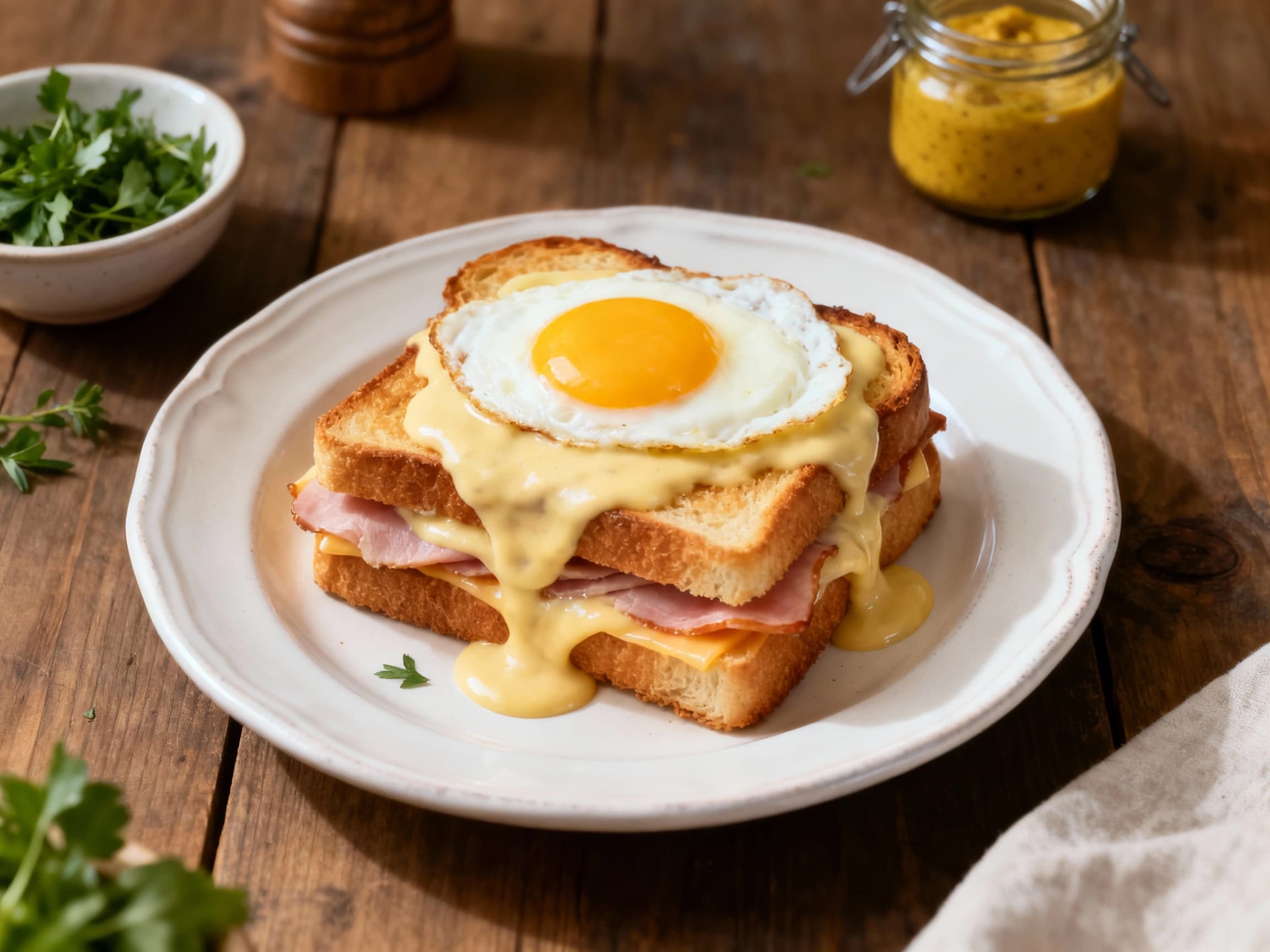 A decadent Croque Madame sandwich, oozing with melted Gruyere cheese and topped with a perfectly fried egg and a sprinkle of chives, rests on a rustic wooden board, ready to be enjoyed.