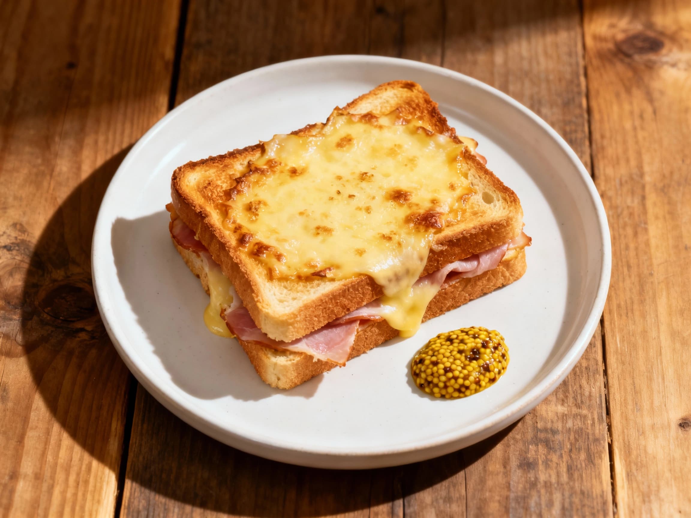 A perfectly toasted Croque Monsieur, oozing with creamy béchamel sauce and Gruyère cheese, sits on a rustic wooden board, ready to be enjoyed.