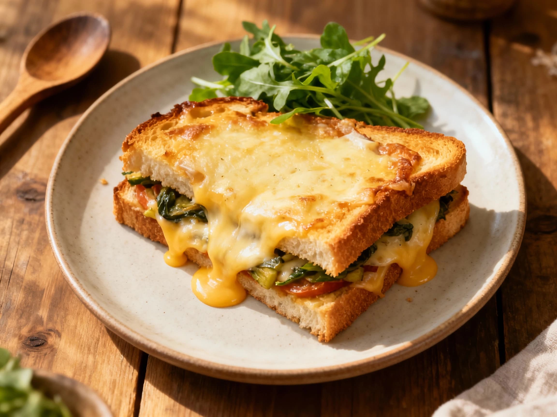 A golden-brown vegetarian Croque Monsieur is topped with melted Gruyère cheese and fresh chives, served on a rustic wooden board with a side of vibrant green salad.
