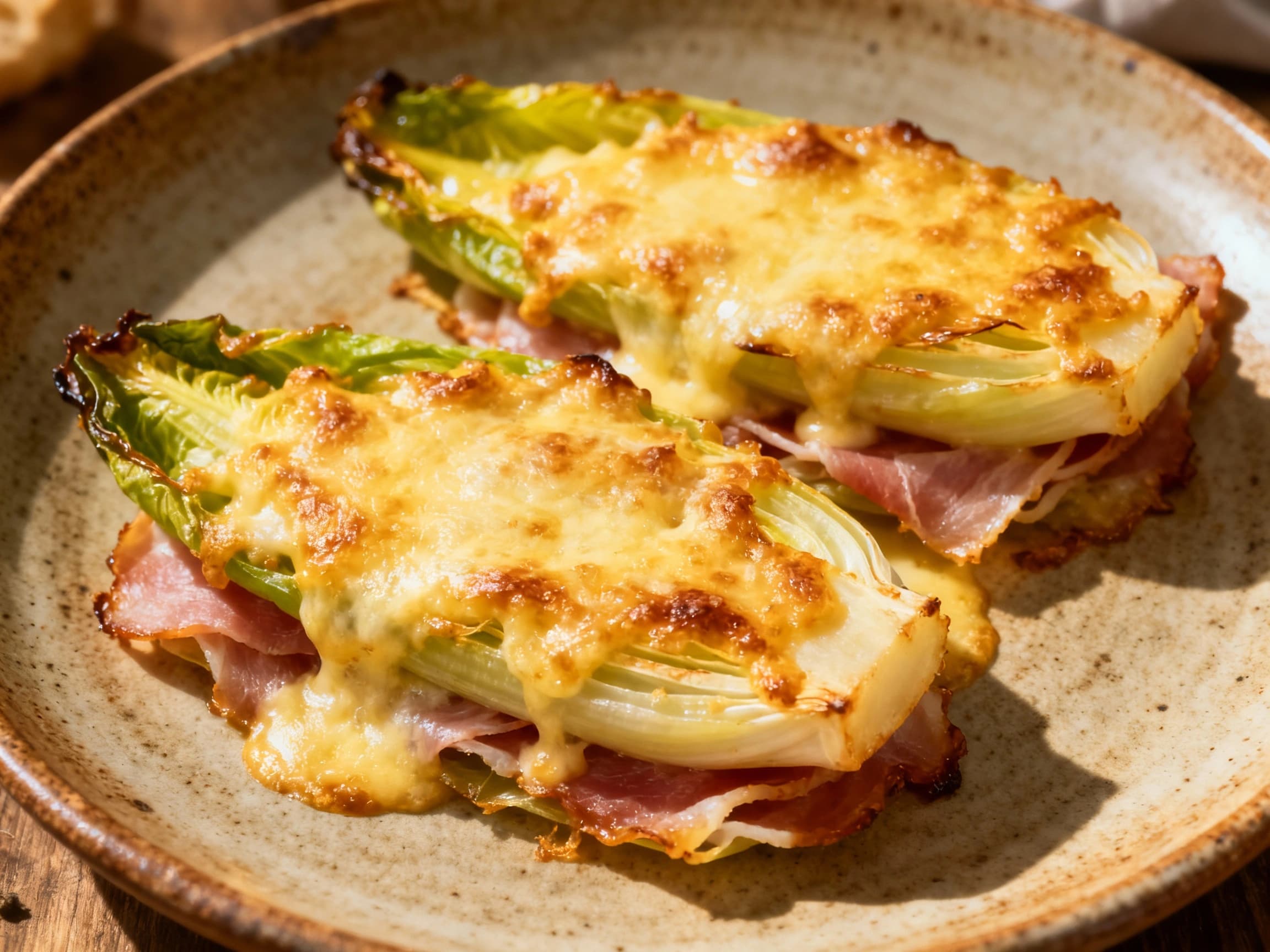 Tender Belgian endives, wrapped in savory ham, bake under a bubbling, golden-brown cheese gratin with fresh parsley sprinkled on top.