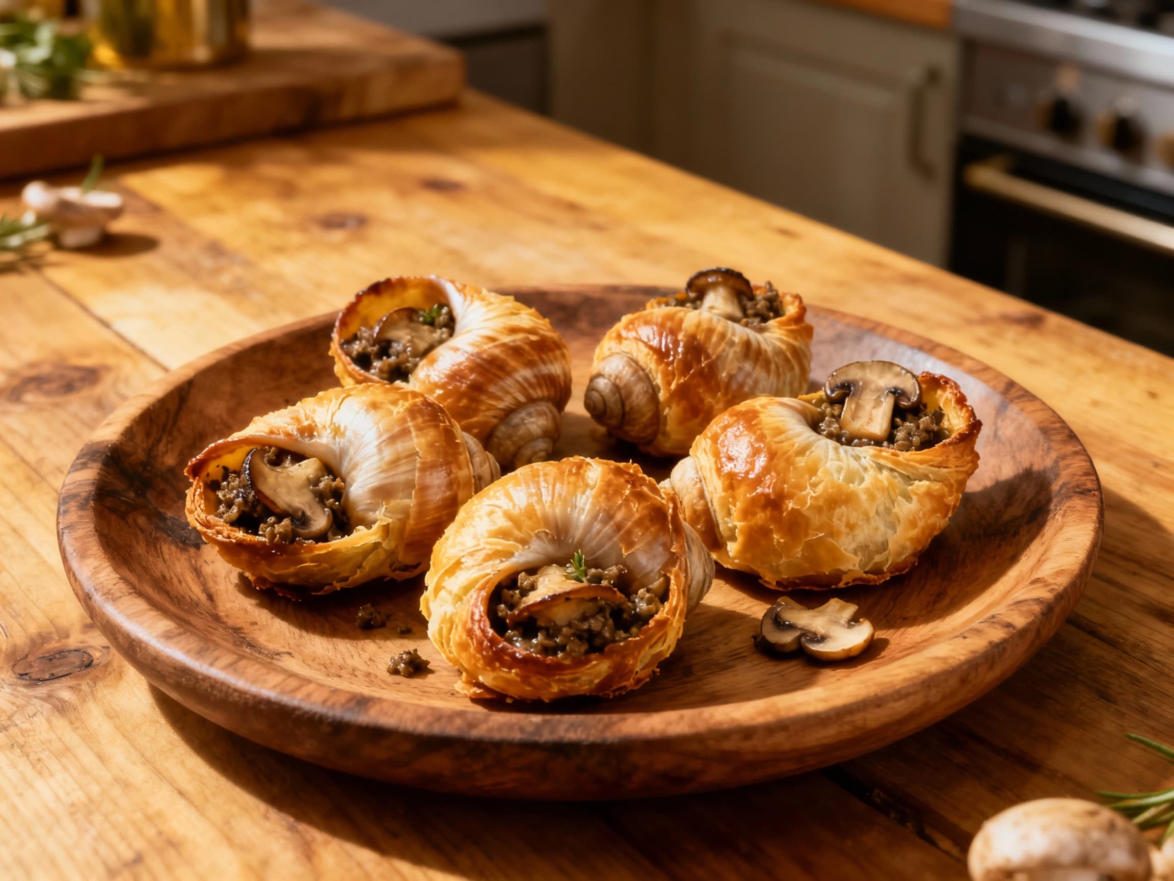 Golden puff pastry domes cradle savory escargots and rich mushroom duxelles, baked until puffed and browned, with a subtle sheen of butter.