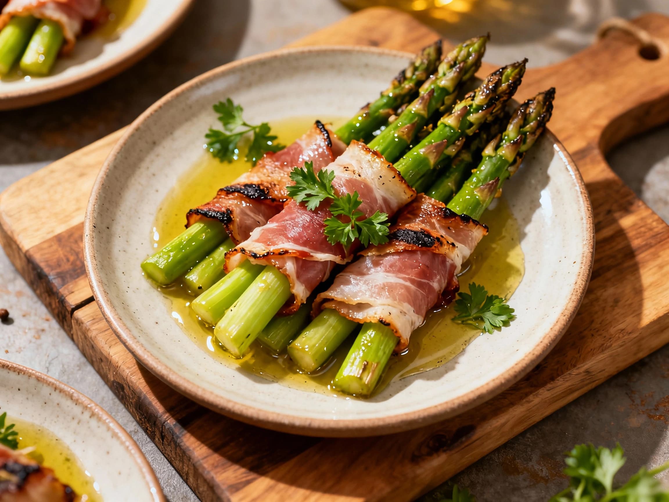 Thinly sliced Black Forest ham is wrapped around vibrant green asparagus spears, artfully arranged on a clean white plate, ready to be enjoyed as a delightful appetizer.