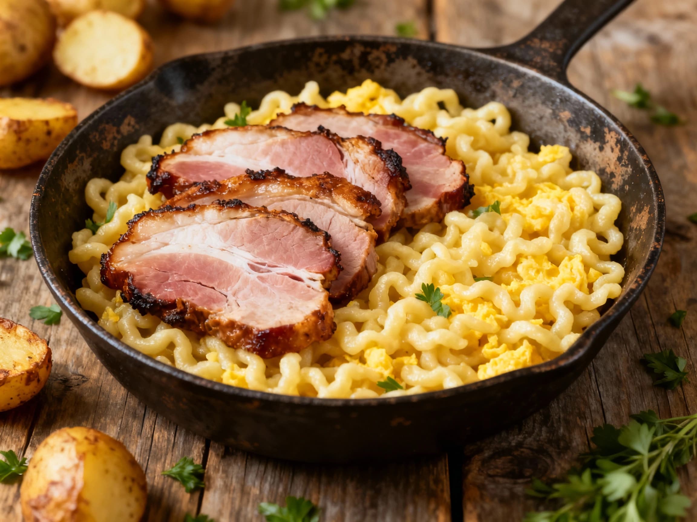 A rustic, hearty skillet dish of crispy Schwarzwälder ham and tender spaetzle noodles is ready to be enjoyed, with steam gently rising from the golden-brown mixture.
