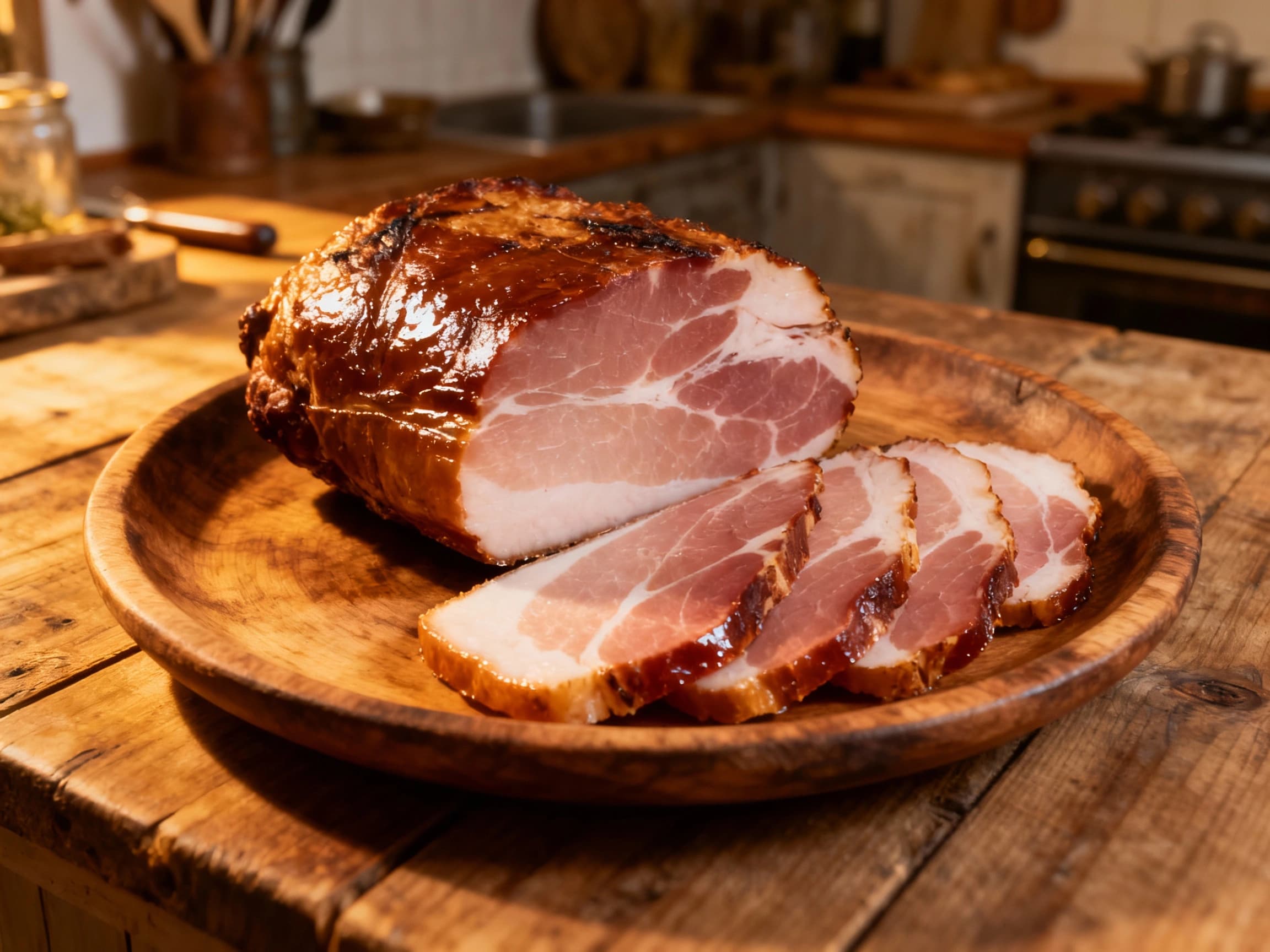 A rustic, dark red cured ham rests on a wooden board, lightly dusted with black pepper and herbs, hinting at its smoky, savory flavor and traditional preparation.