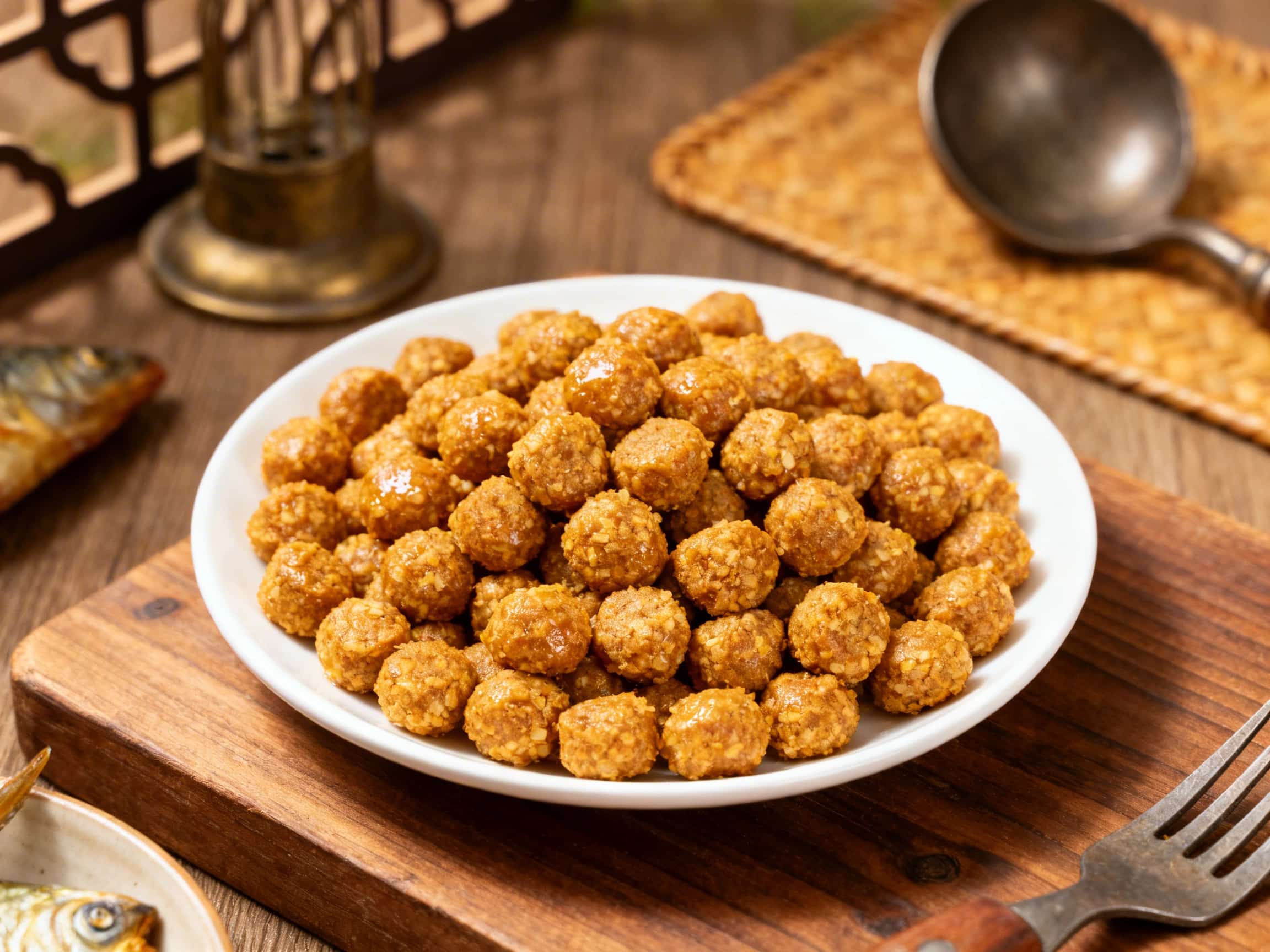 A close-up view of vibrant, irregularly shaped homemade fish food pellets, scattered on a light grey stone surface. The pellets are a mix of dark green and brown hues, with a visibly textured and somewhat rough surface, suggesting their natural, whole-ingredient composition. The lighting is soft and even, highlighting the diverse colors and textures, conveying a sense of wholesome and natural nutr