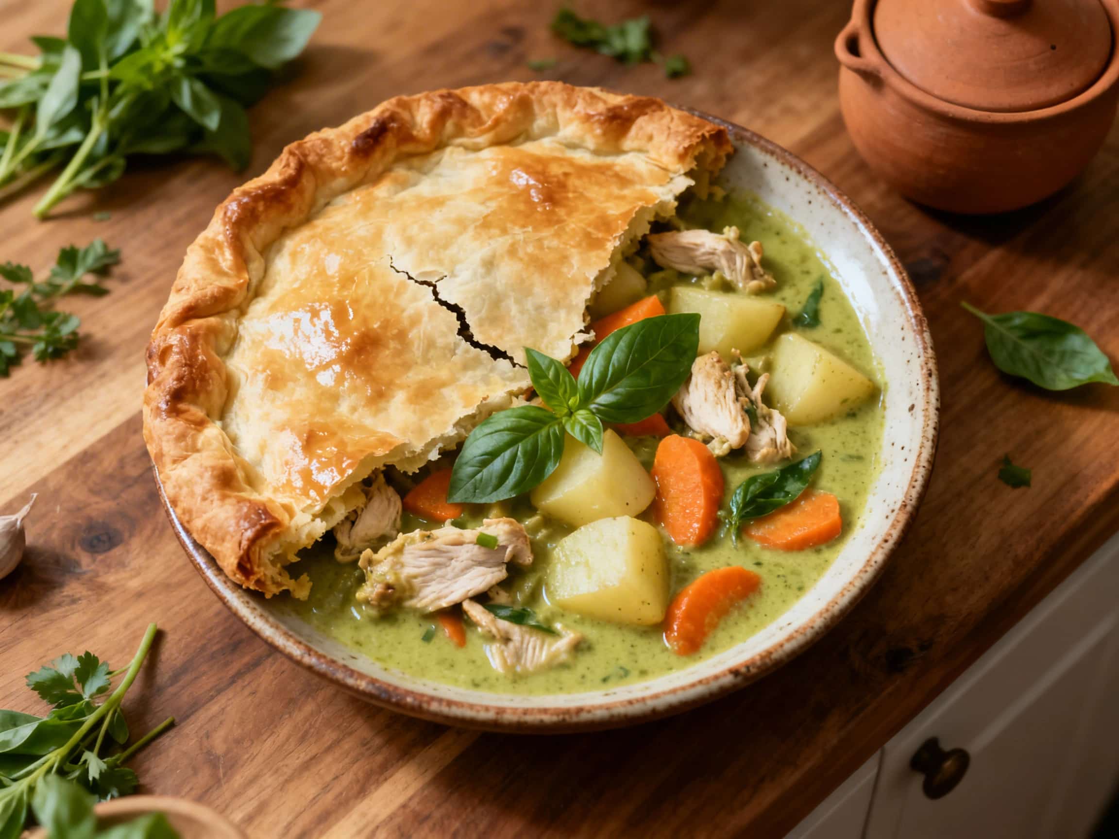 A golden-brown Thai Green Curry Chicken Pot Pie, sliced open on a rustic wooden cutting board, showing its vibrant green filling of chicken, bell peppers, and bamboo shoots. The flaky crust and creamy curry are prominent, suggesting a comforting yet exotic meal. The background is softly blurred to keep focus on the delicious pie.