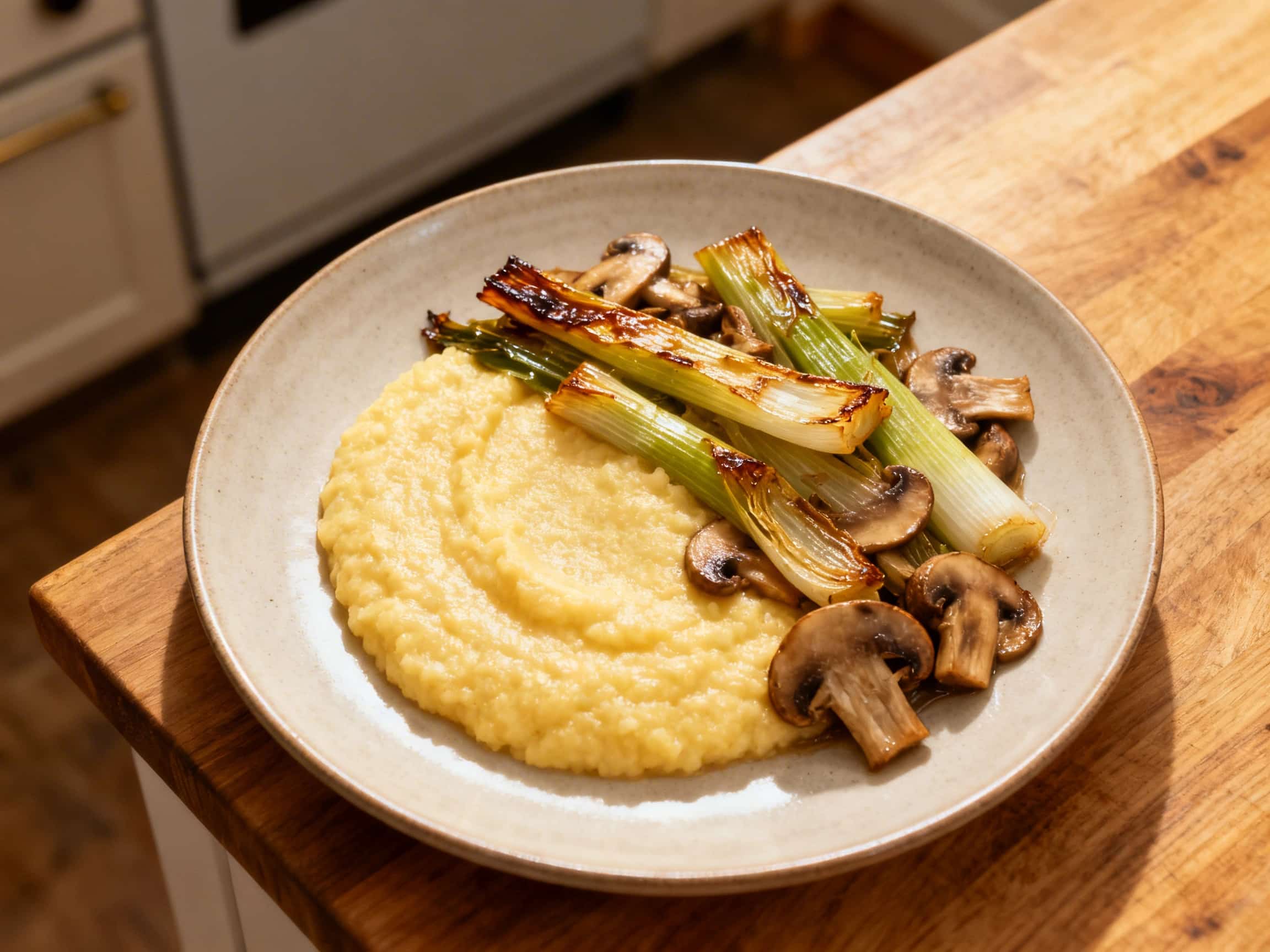 A hearty bowl of creamy polenta, topped with a rich medley of tender braised leeks and earthy mixed mushrooms. The dish is invitingly garnished with grated parmesan cheese and fresh thyme sprigs, showcasing a warm and comforting vegetarian meal ready to be enjoyed.