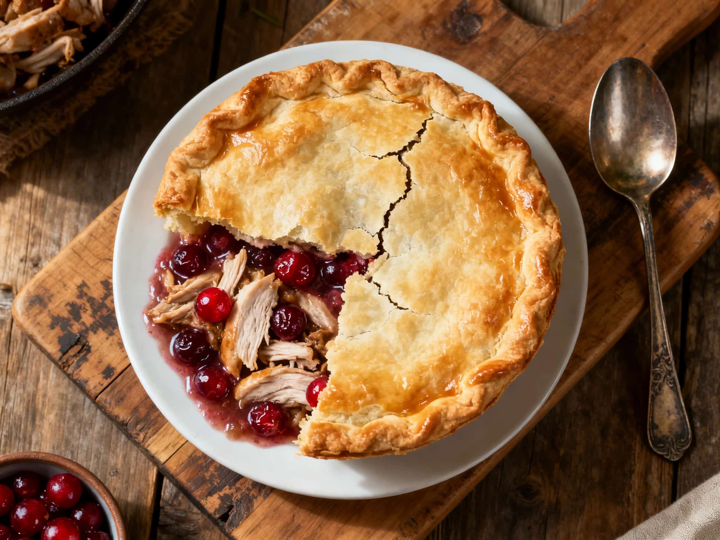 A beautifully baked Classic Turkey and Cranberry Pot Pie, boasting a golden, flaky crust, sits on a rustic wooden table. A generous slice has been removed, revealing a hearty filling of tender turkey pieces, bright red cranberries, diced carrots, and green peas immersed in a creamy, herb-infused gravy. The pie dish is warm, and steam subtly rises from the cut portion, highlighting the comforting a