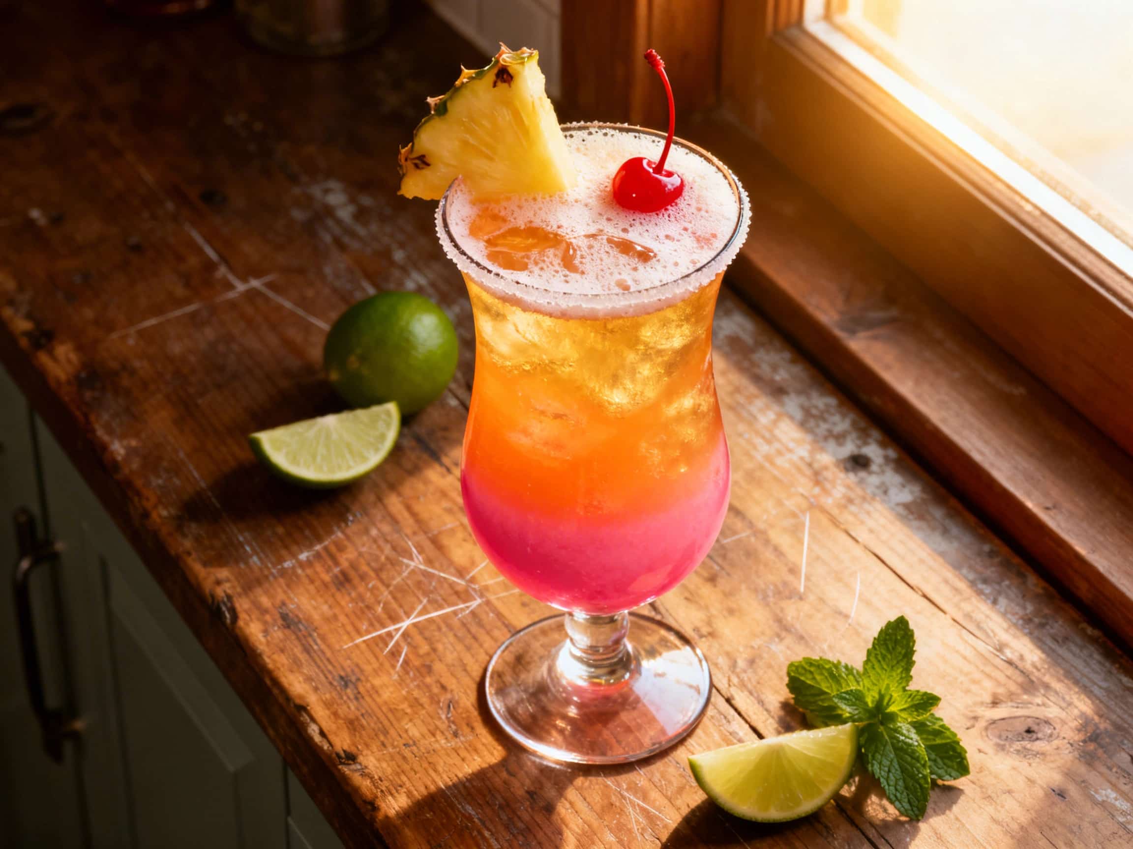 A vibrant Sunset Rum Punch in a tall glass, showcasing distinct layers of red and orange, topped with ice, a maraschino cherry, and an orange slice. The cocktail is set against a softly blurred background image of a tropical beach, emphasizing its refreshing and exotic appeal, perfect for a vacation mood.